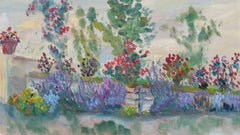 Retro 20th Century French Oil Painting Summer Garden Border