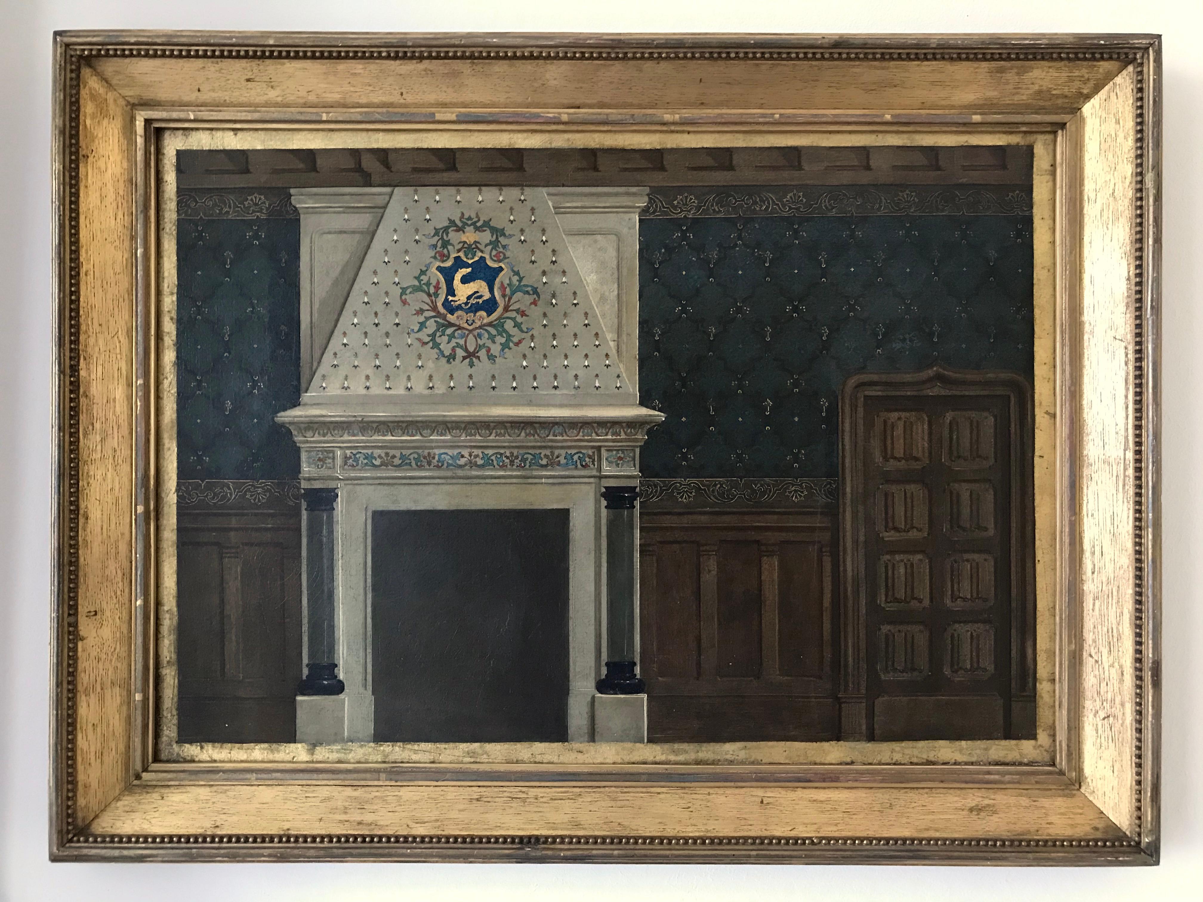 A Gothic interior, of a panelled room with a canopied fireplace - oil painting - Black Interior Painting by Unknown