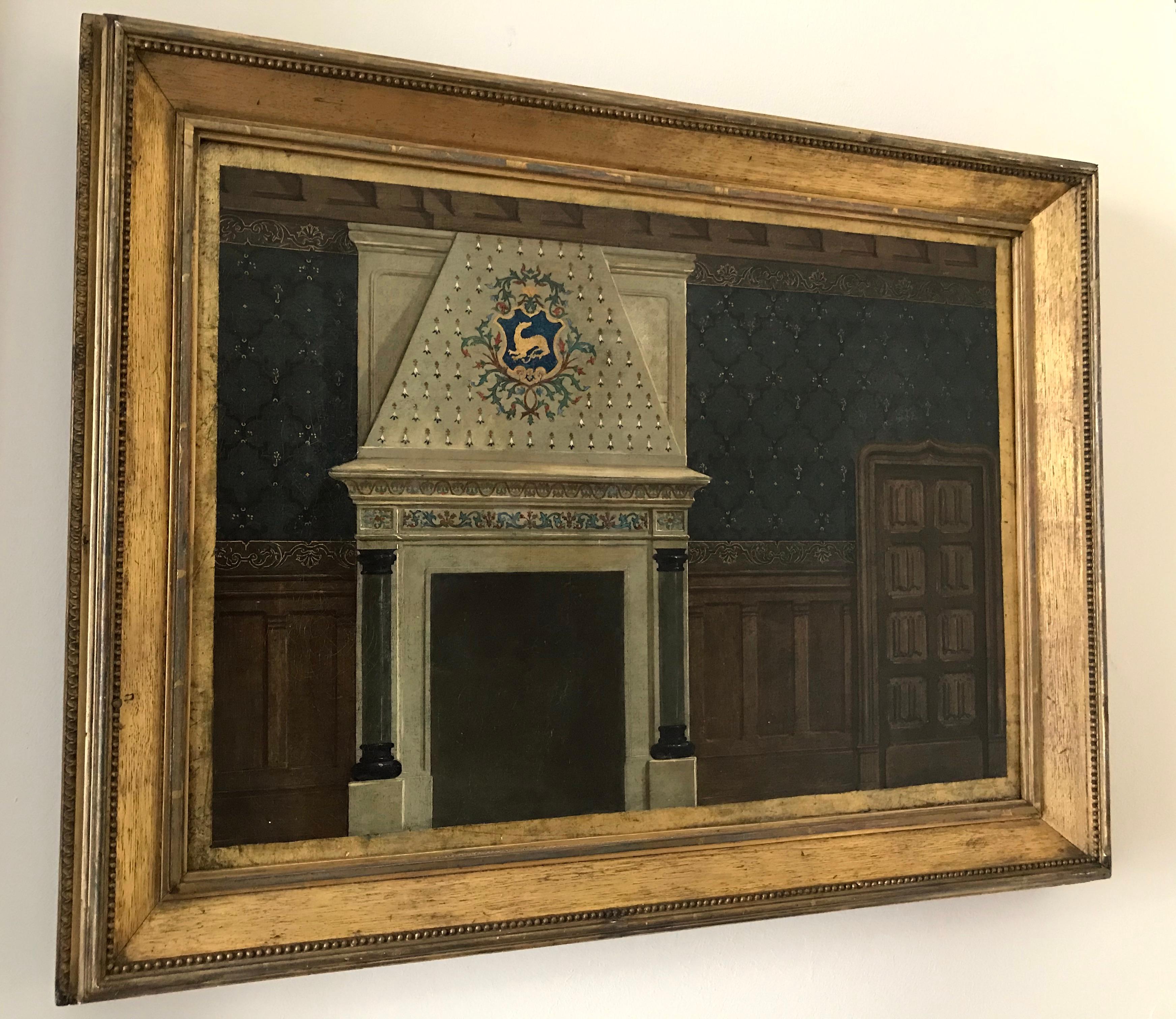 A Gothic interior, of a panelled room with a canopied fireplace - oil painting 2