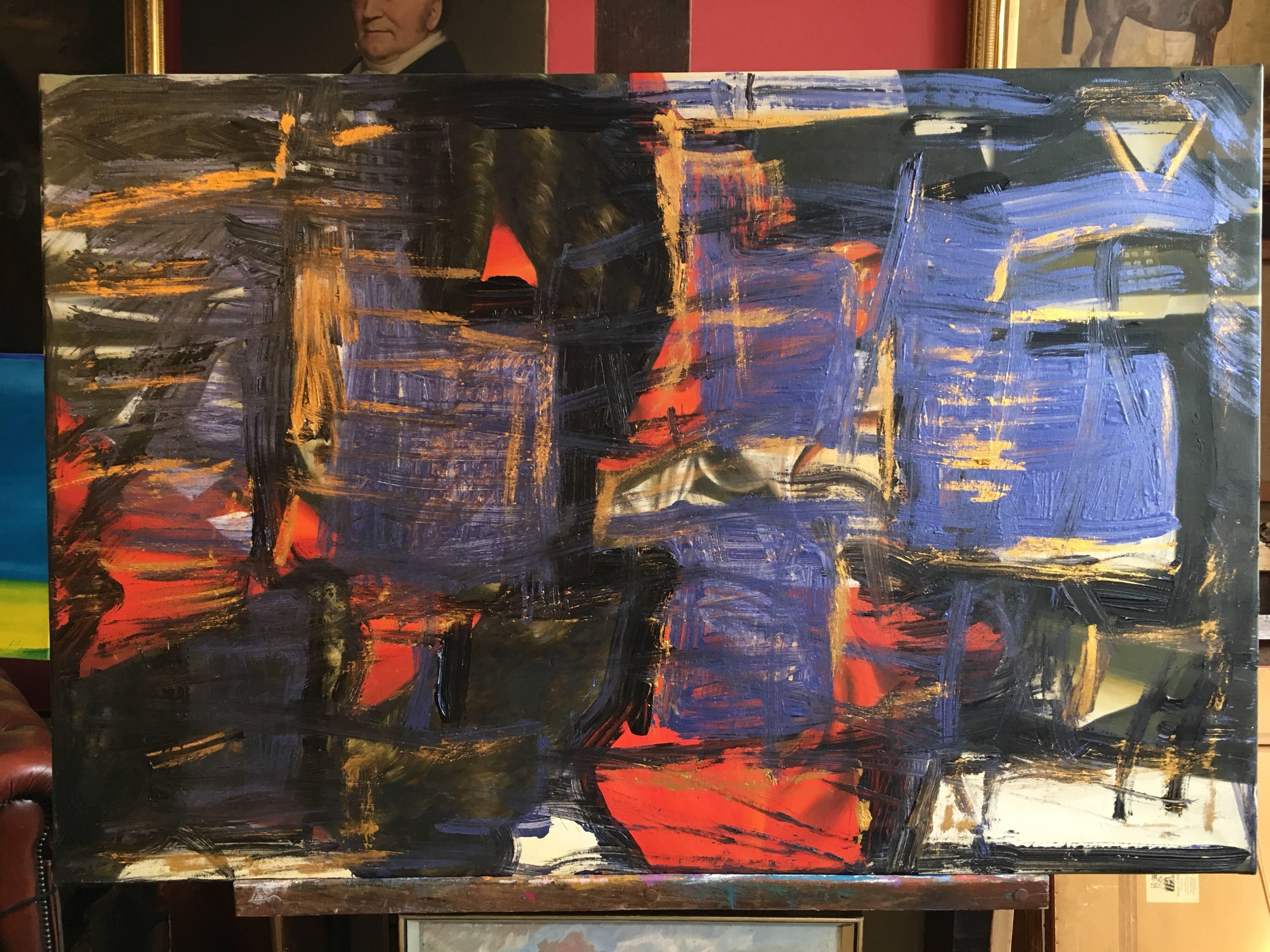 Abstraktes Ölgemälde, Farbe Lila, Gold und Rot – Painting von Unknown