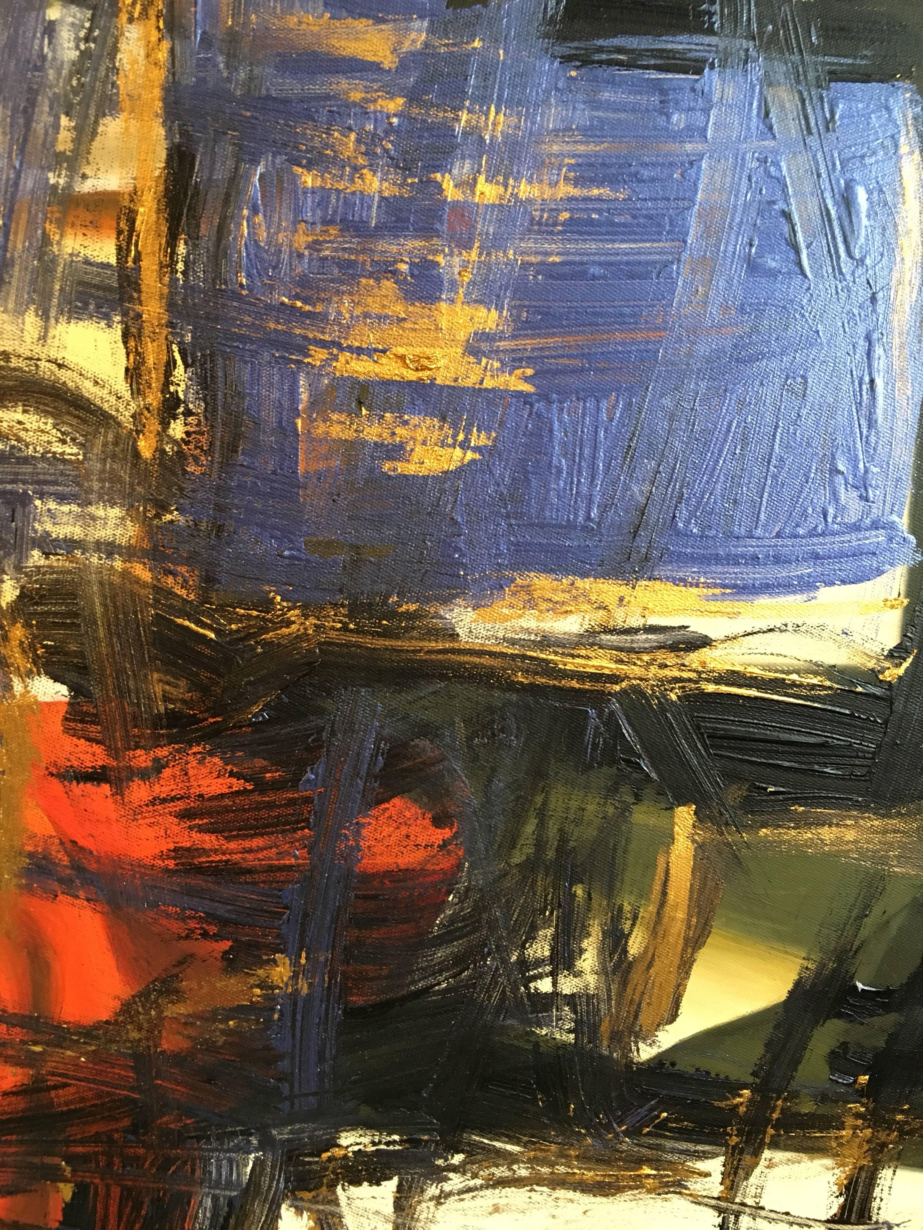 Abstraktes Ölgemälde, Farbe Lila, Gold und Rot (Schwarz), Abstract Painting, von Unknown