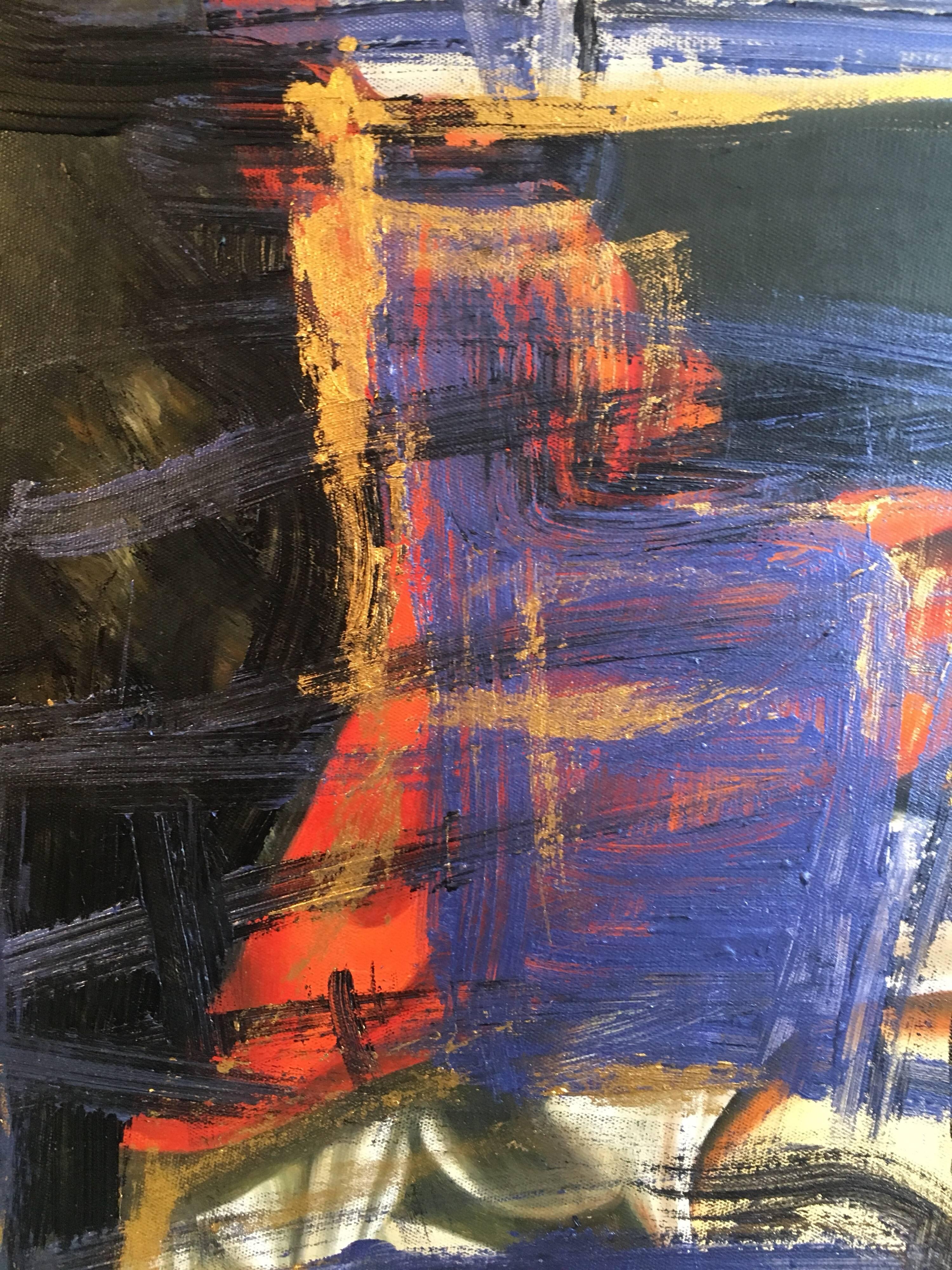 Abstraktes Ölgemälde, lila, gold und rote Farbe
Französische Schule, ca. 2000
Ölgemälde auf Leinwand, ungerahmt
Gerahmte Größe: 24 x 36 Zoll

Ein außergewöhnliches abstraktes Ölgemälde, das in jedem Interieur hervorsticht. Die reiche Farbpalette aus