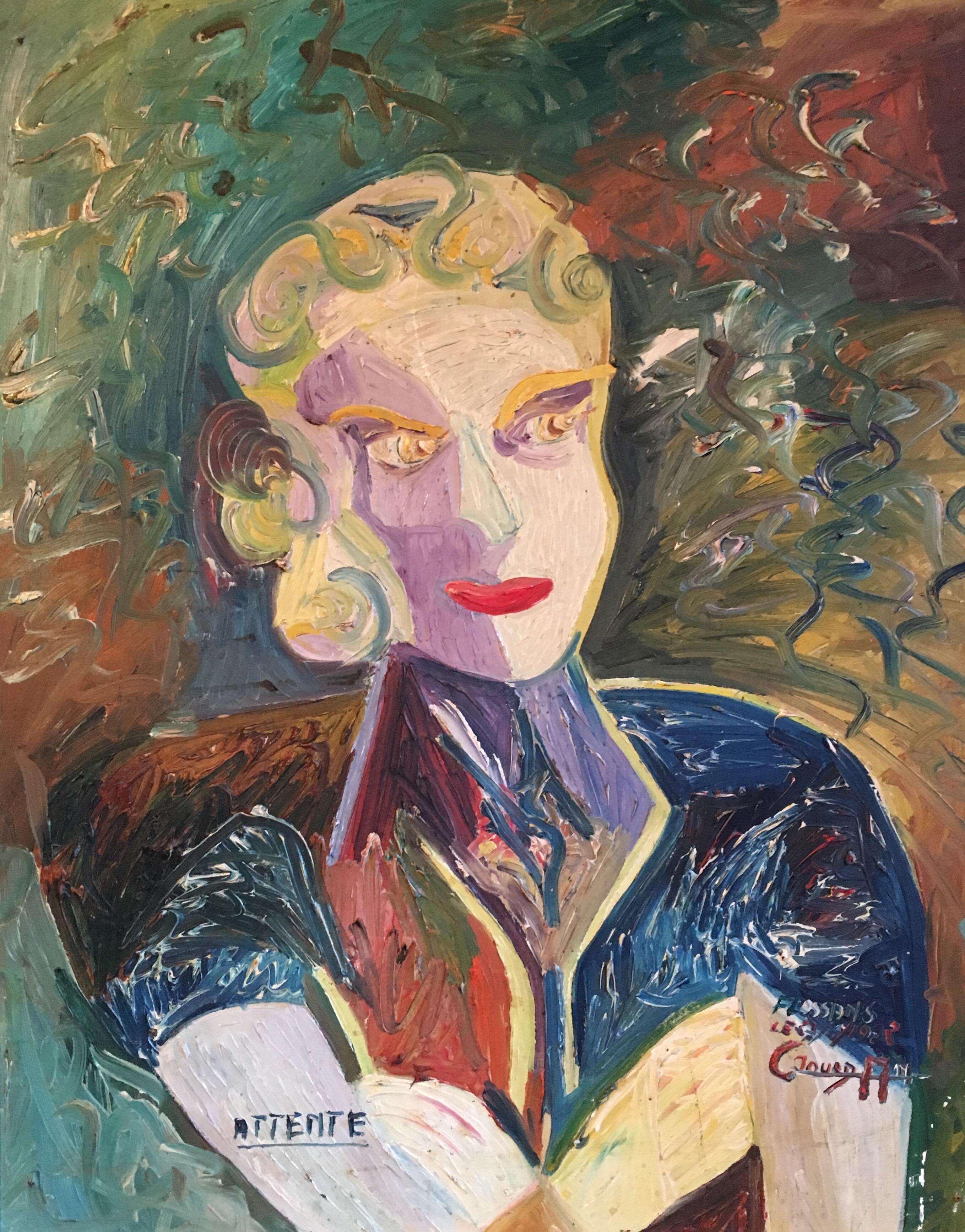 „Attente“, kubistisches abstraktes Porträt, Ölgemälde, signiert, 1950er Jahre