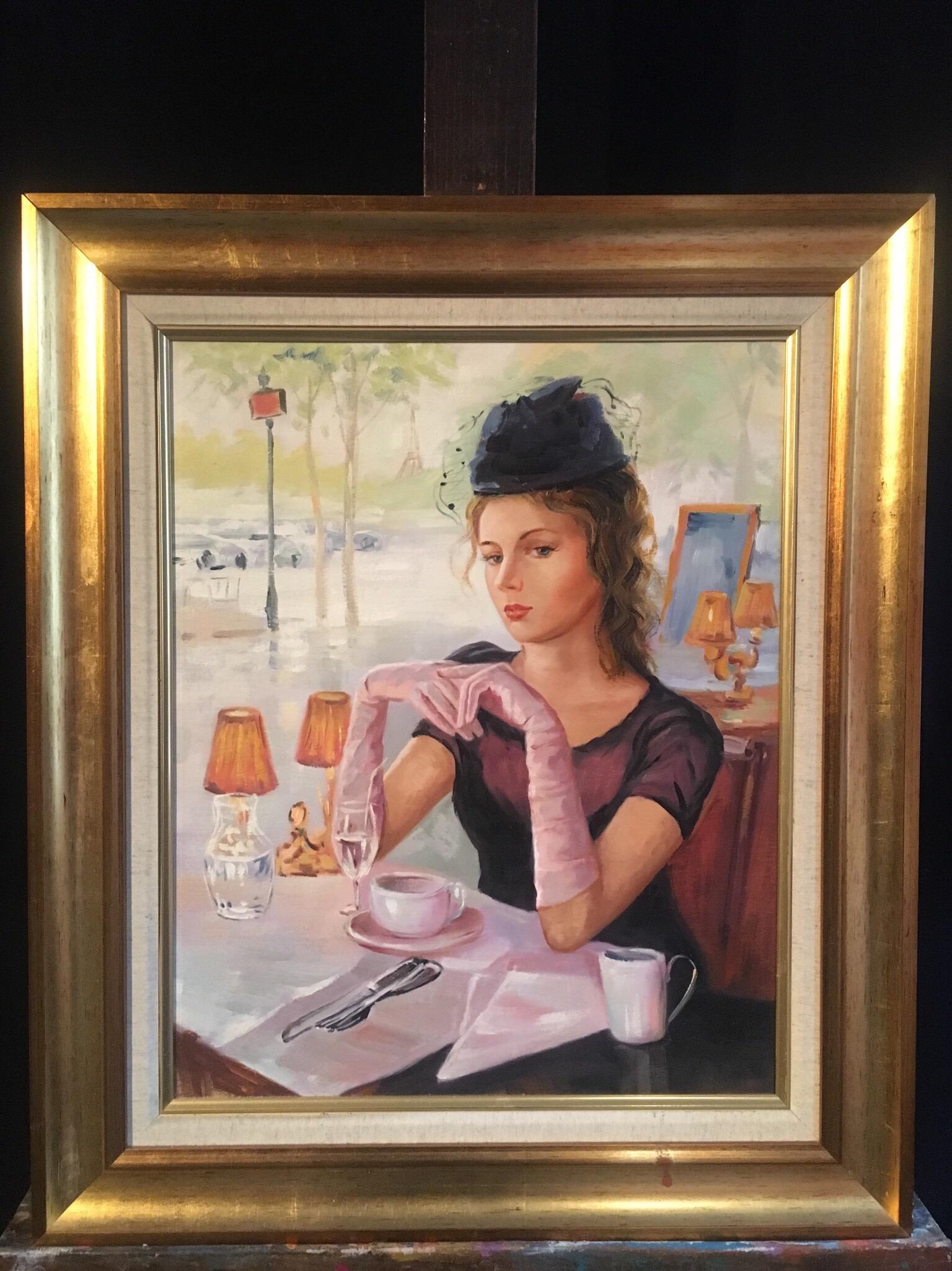 Cafe Society, Impressionist Portrait, Original Oil Painting - Beige Interior Painting by Unknown