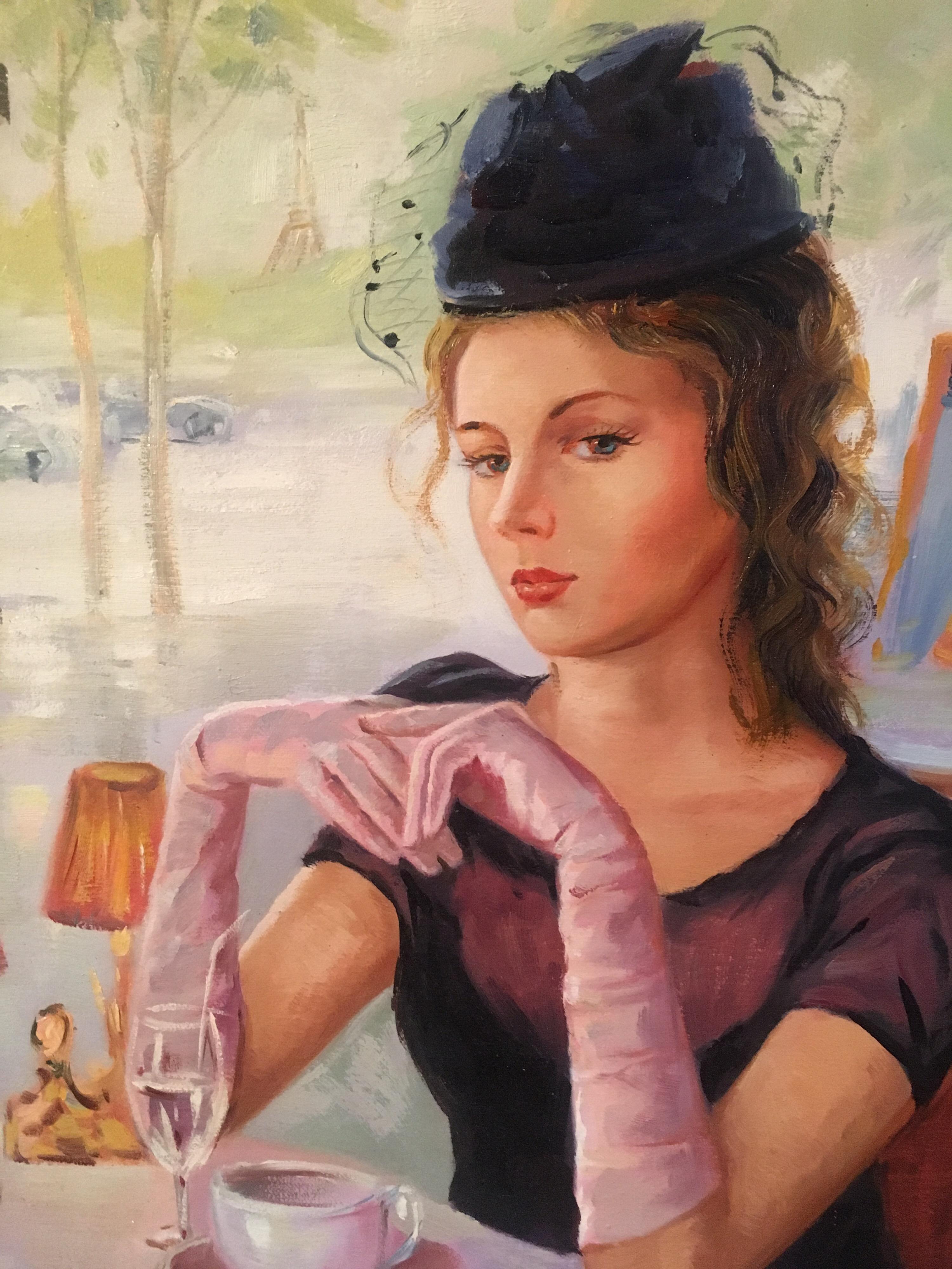 Cafe Society, Impressionist Portrait, Original Oil Painting
French School, late 20th Century
Oil painting on canvas, framed
Frame size: 26 x 22.5 inches

An intriguing oil painting of this girl who looks like she is waiting for someone in a Parisian
