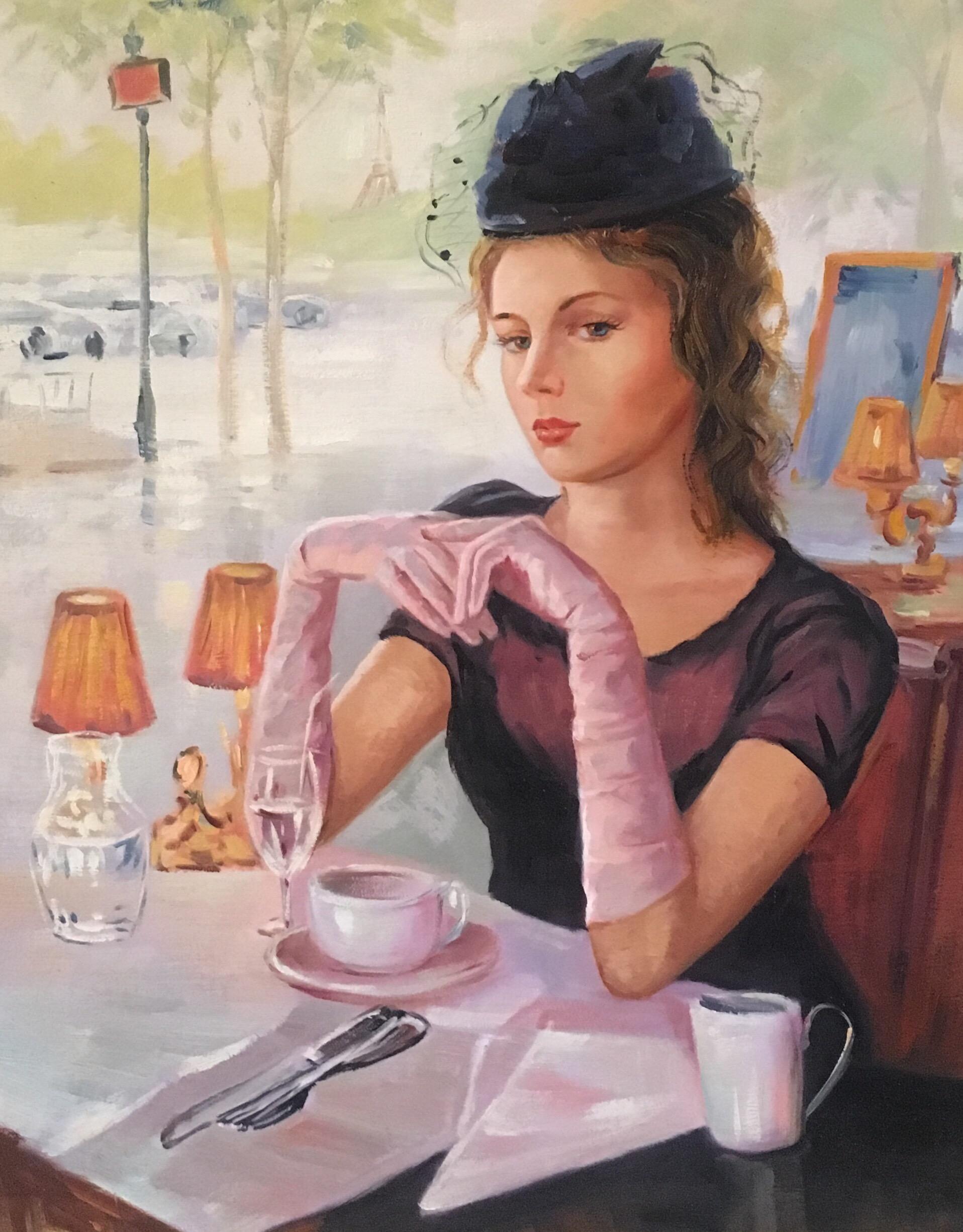 Unknown Interior Painting - Cafe Society, Impressionist Portrait, Original Oil Painting