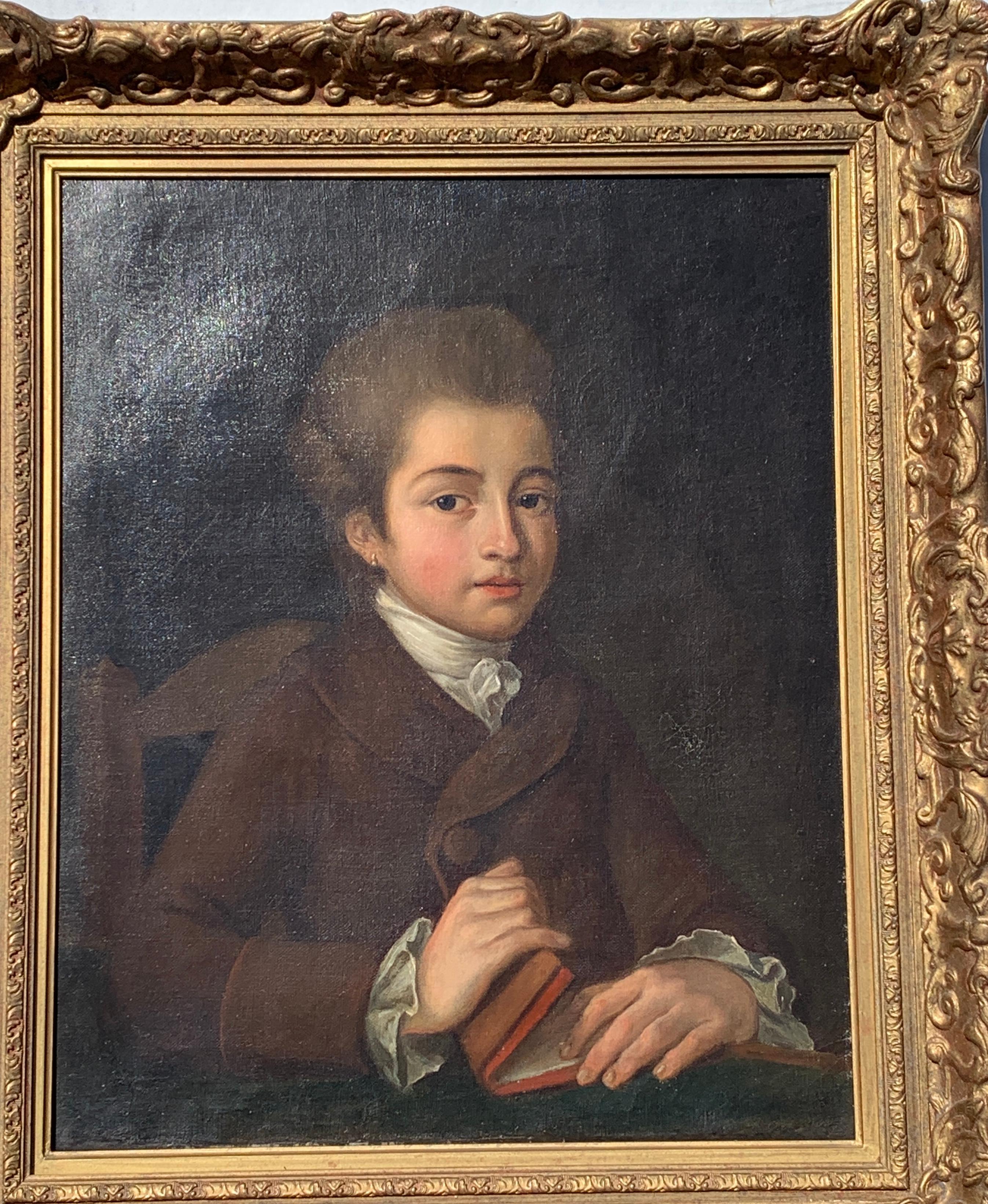 Early 19th century Portrait of a Young boy, with powdered wig holding a book. - Painting by Unknown