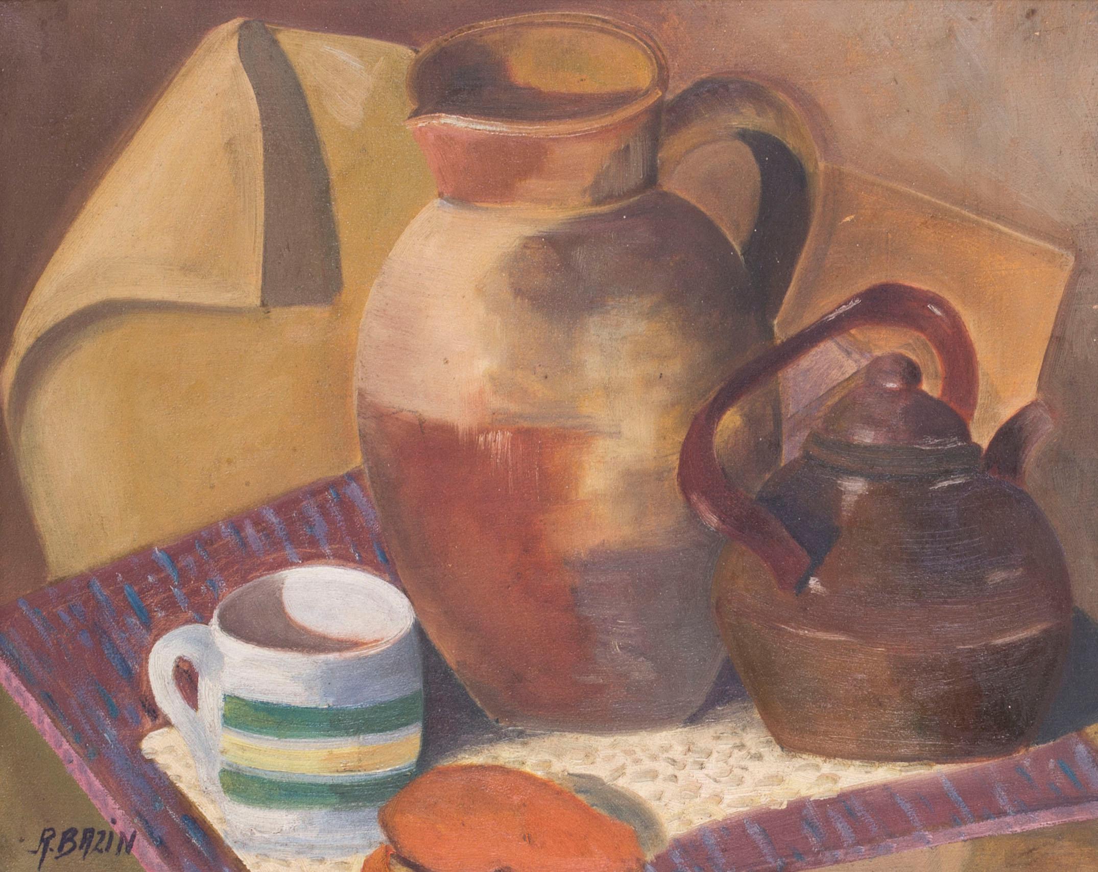 French 20th Century Post Impressionist still life of kettle, cup and jug - Painting by Unknown