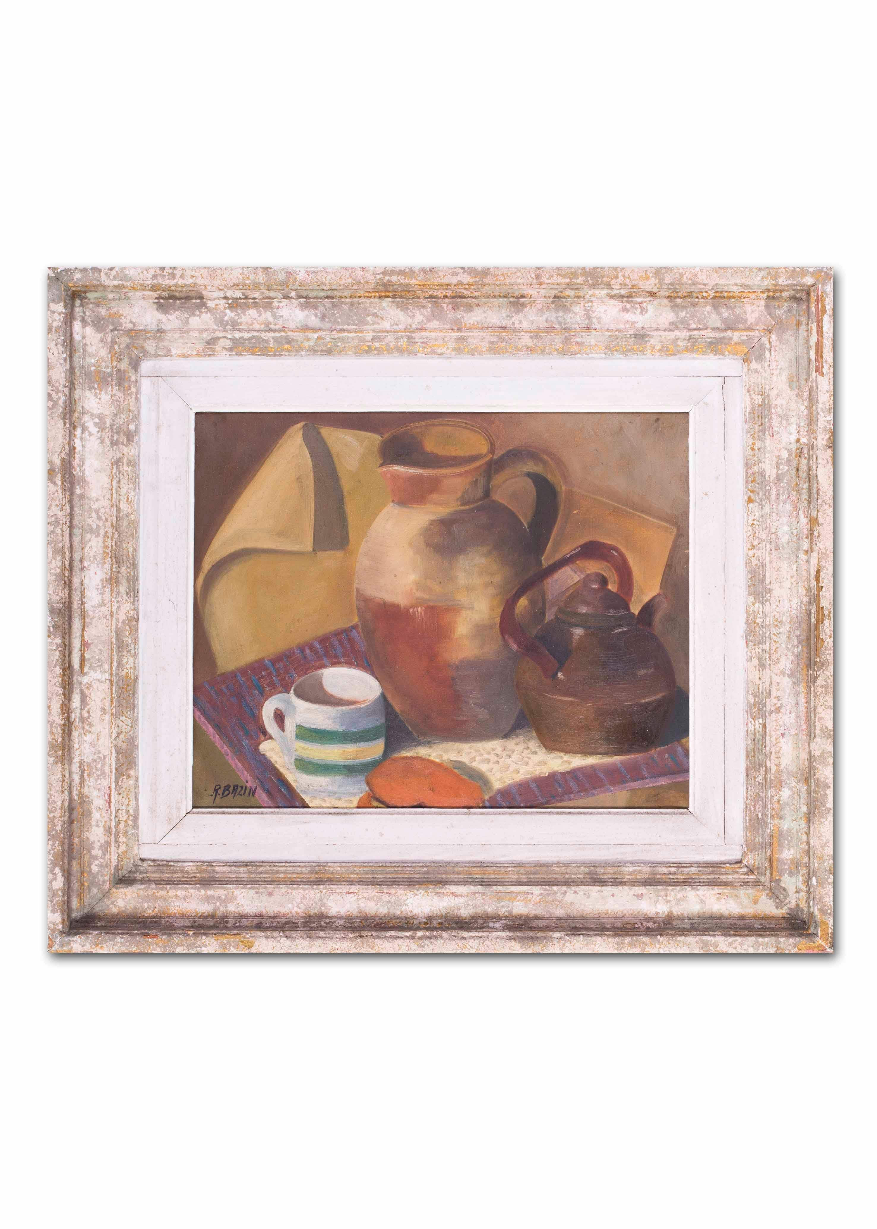 French 20th Century Post Impressionist still life of kettle, cup and jug - Post-Impressionist Painting by Unknown