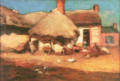 19th Century French Post-Impressionist oil 'Farmyard with Chickens', Gilt Frame