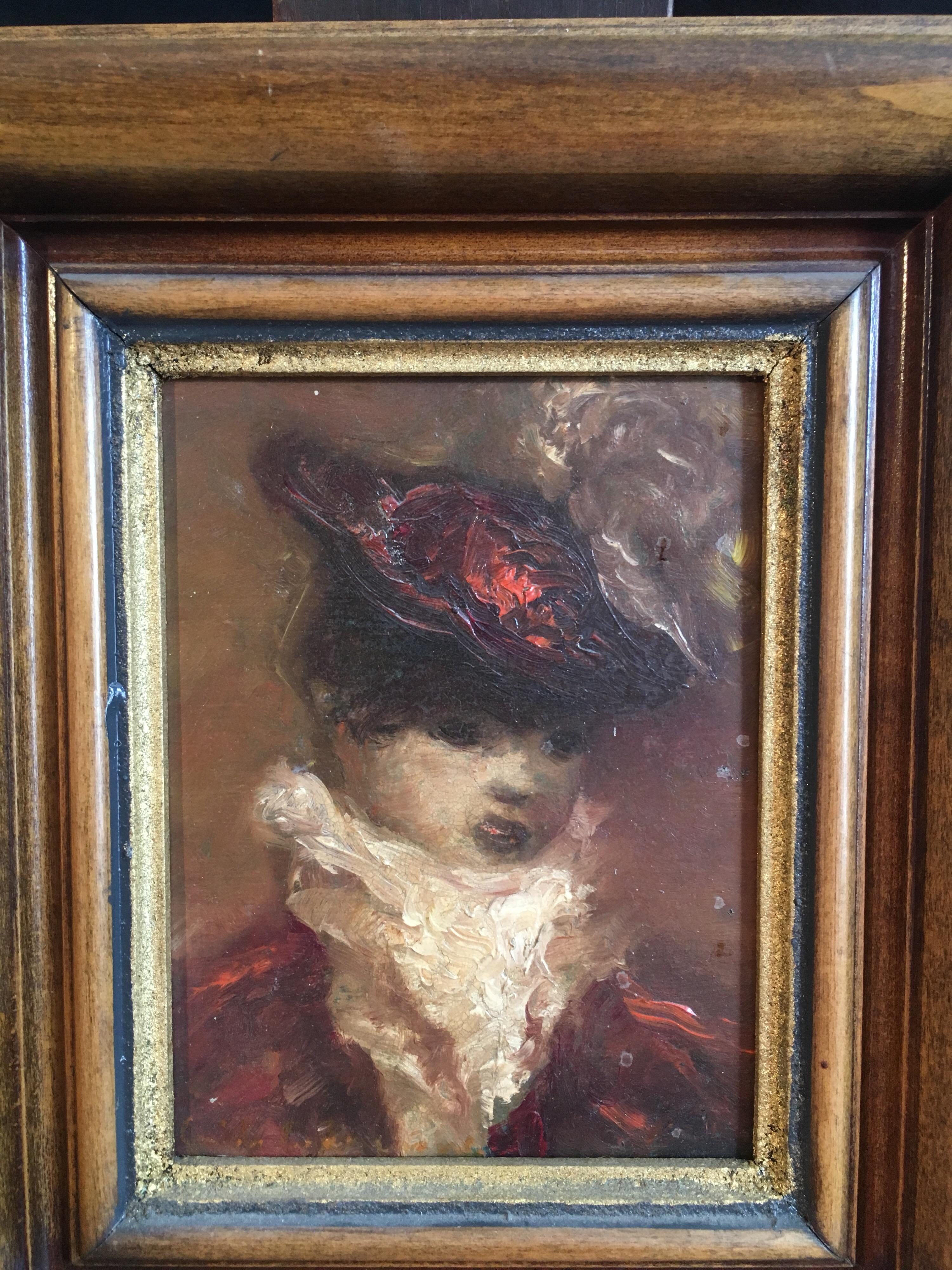 Dame d'importance, peinture à l'huile colorée, signée
École française, Milieu du siècle
Peinture à l'huile sur carton, encadrée
Taille du cadre : 10.5 x 9 pouces

Dame incroyablement élégante et de grande importance. Son chapeau rouge profond, qui