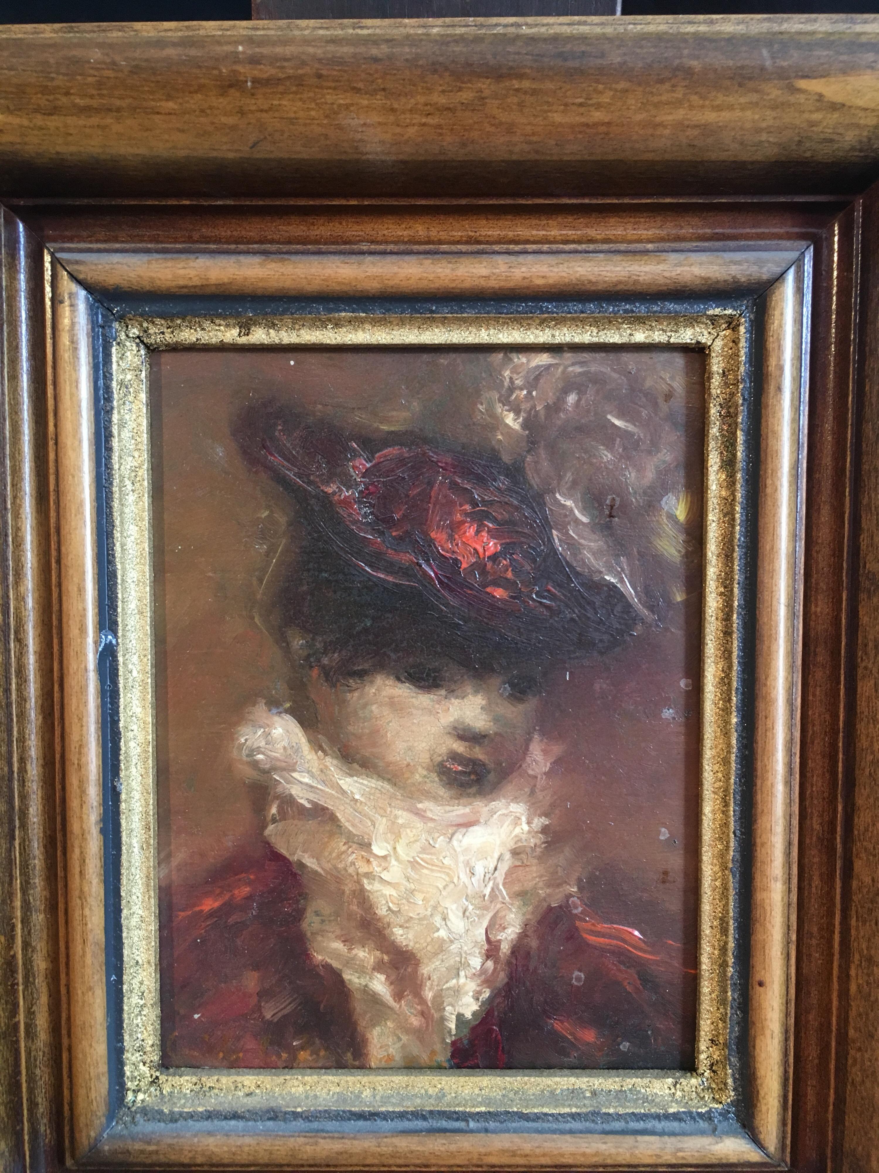 Lady of Importance, Colourful Impressionist Oil Painting, Framed - Gray Portrait Painting by Unknown