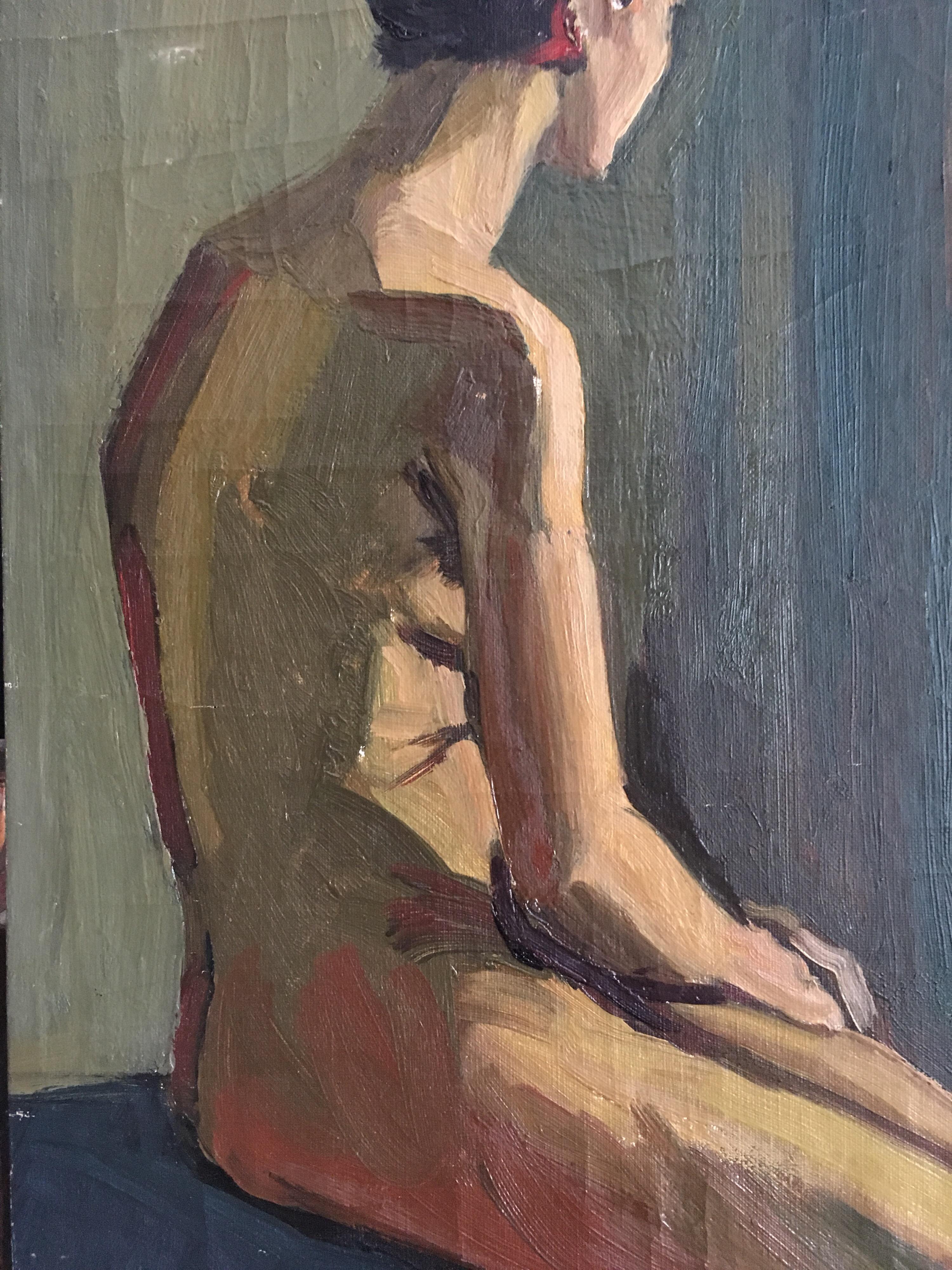 Large Nude Portrait, Female Model, Oil Painting
French School, mid 20th Century
Oil painting on canvas, unframed
Canvas size: 35 x 15.5 inches

Sublime nude portrait. This female model fills the space of the canvas in composition style that only a