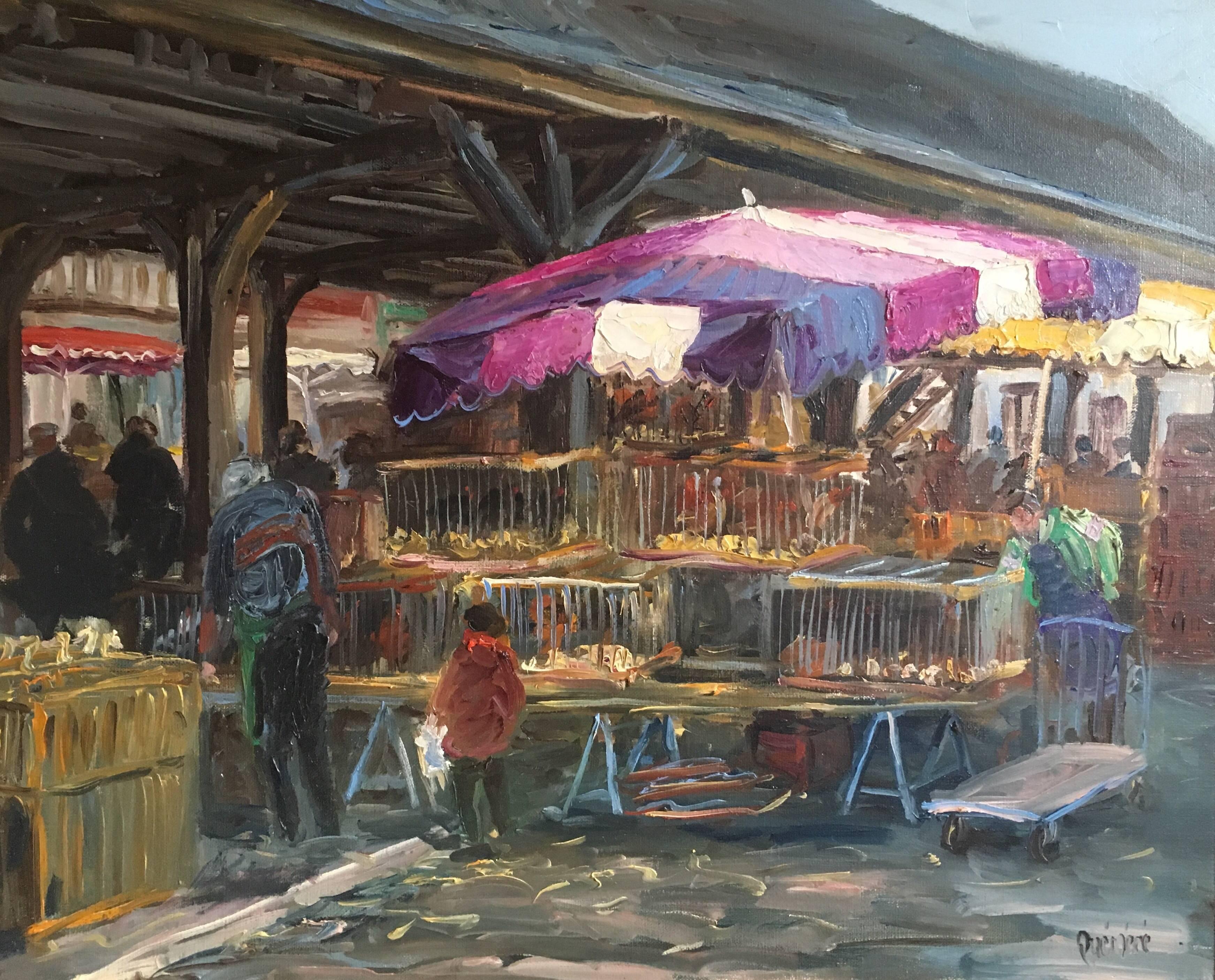Unknown Figurative Painting - Le Marche de Bachy, French Market, Signed Oil Painting