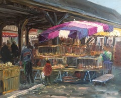 Vintage Le Marche de Bachy, French Market, Signed Oil Painting