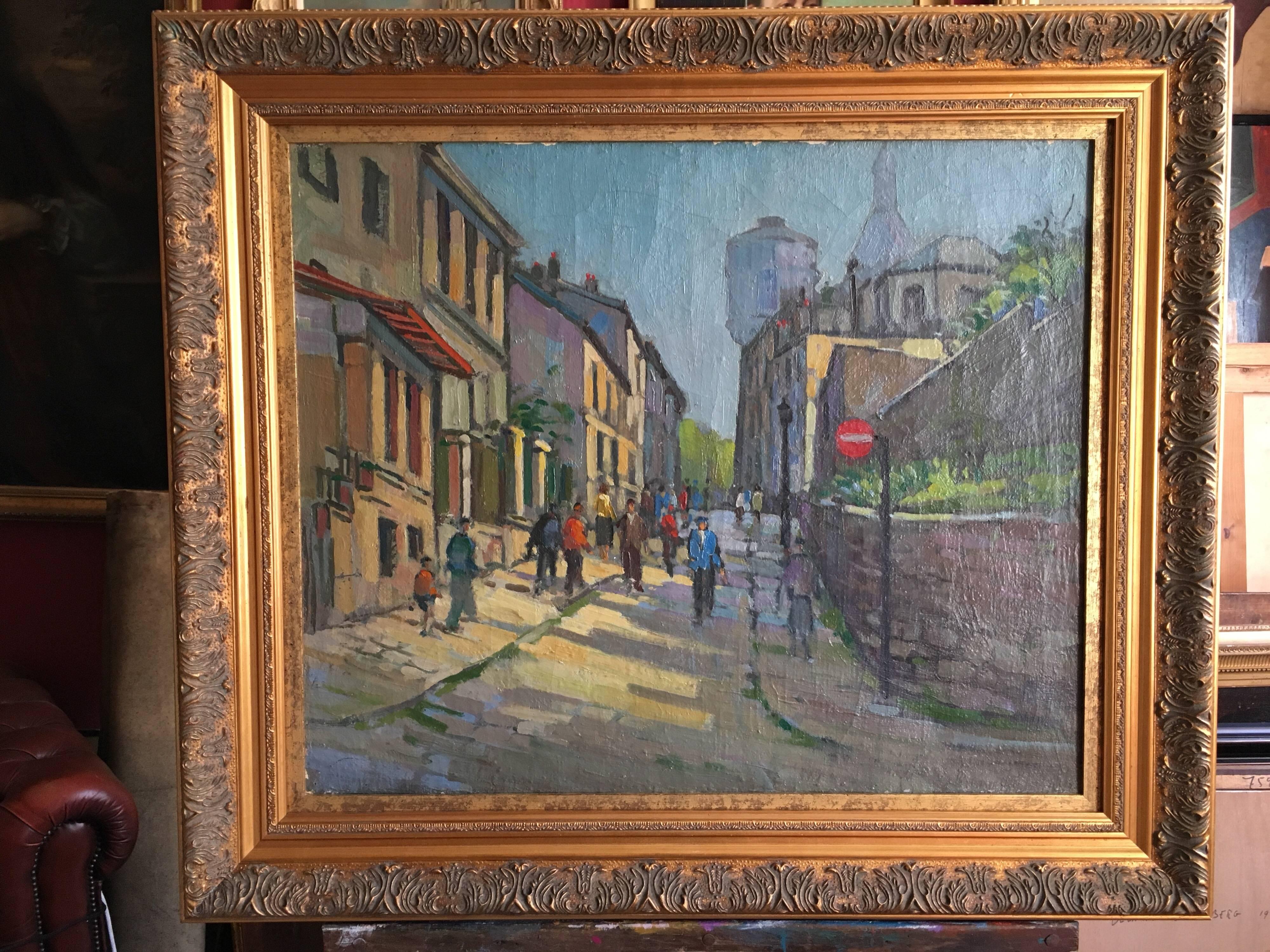 Montmartre Paris, Busy Street, Large Impressionist Oil - Painting by Unknown