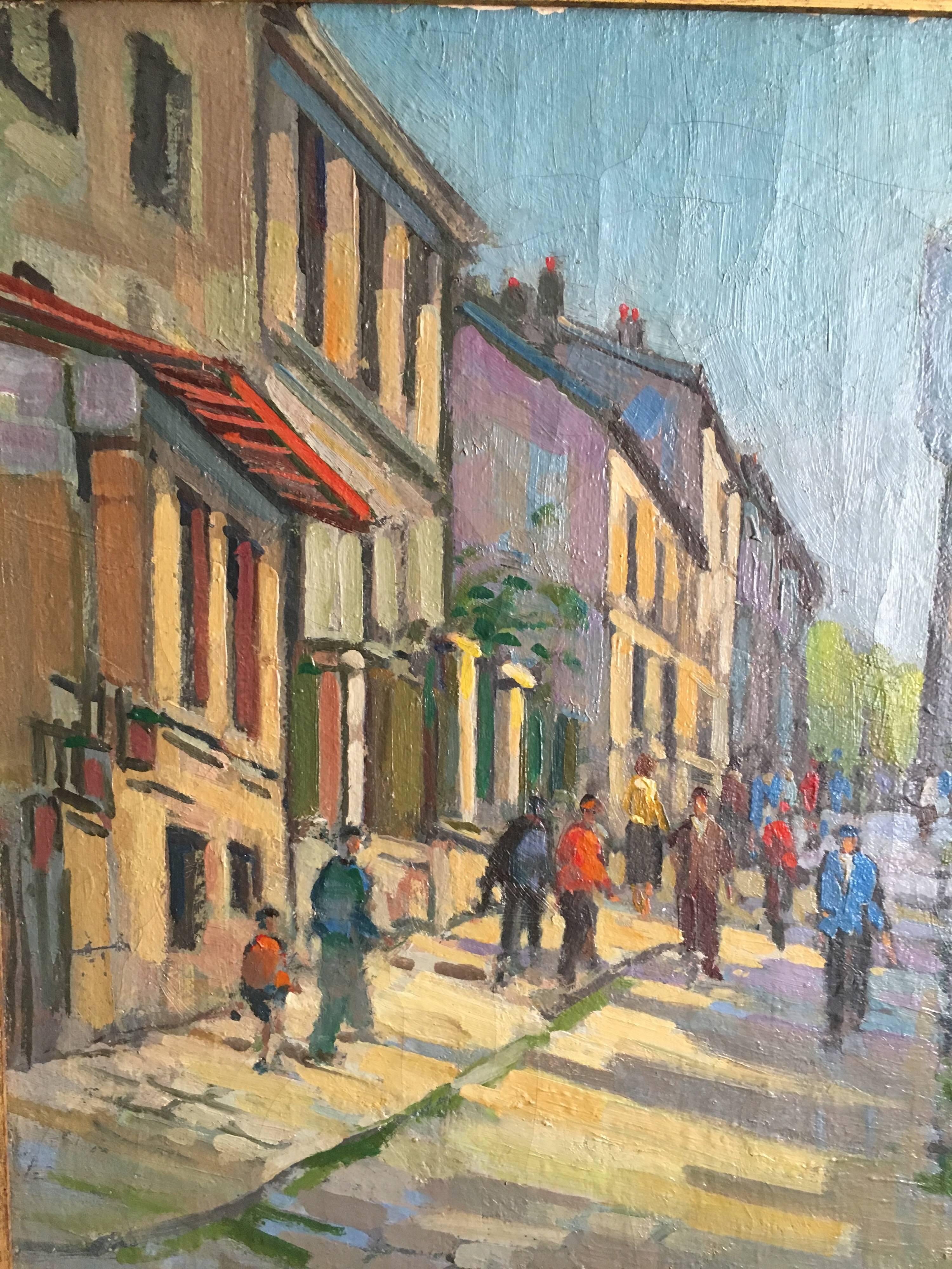 Montmartre Paris, Busy Street, Large Impressionist Oil - Gray Landscape Painting by Unknown