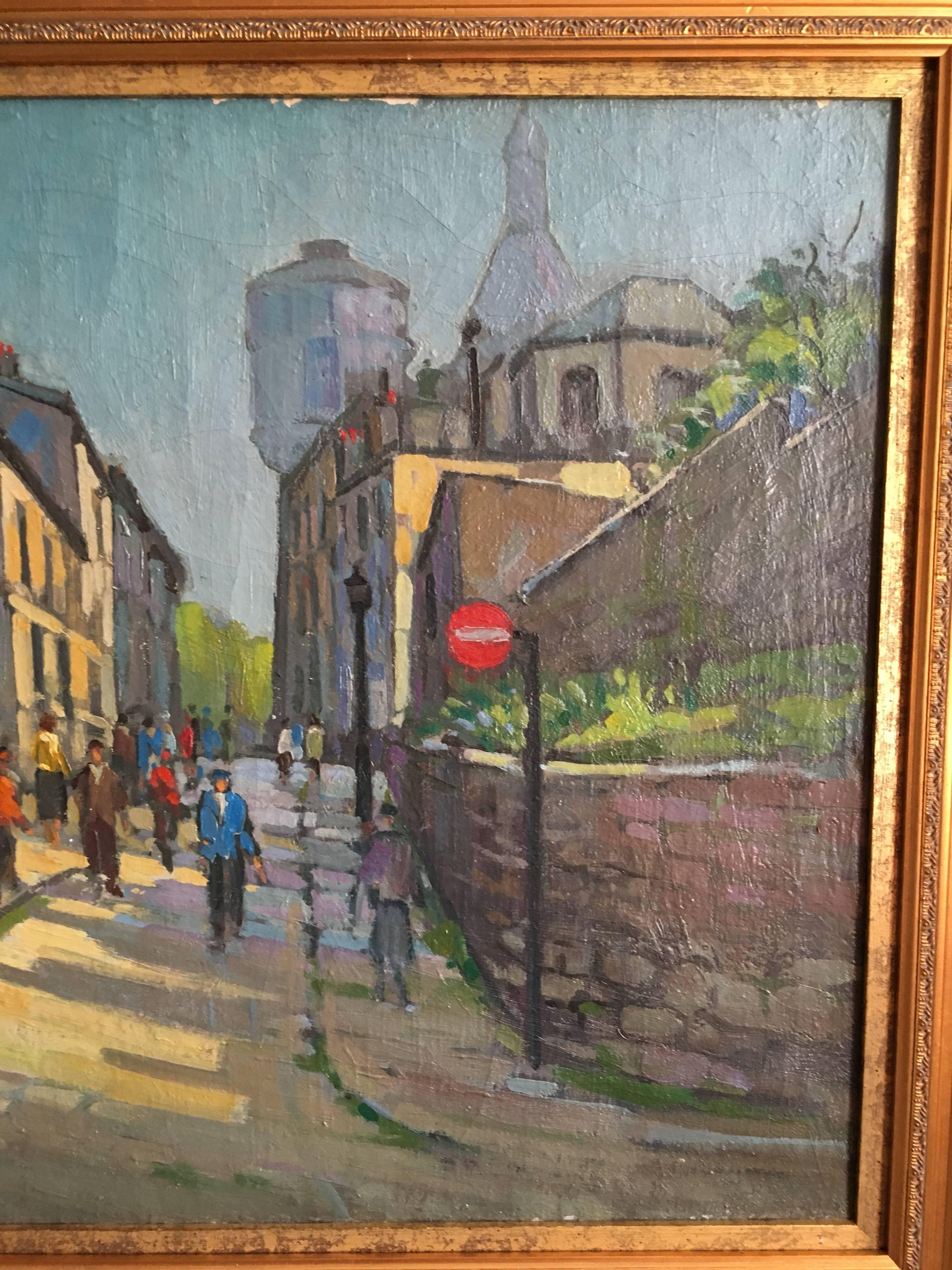 Montmartre Paris
French School, Mid 20th Century
Oil painting on canvas, framed
Framed size: 29 x 33 inches

Wonderful scene of figures enjoying wandering around Montmartre, Paris.  

The colours are lovely and bright, showing a brilliant use of
