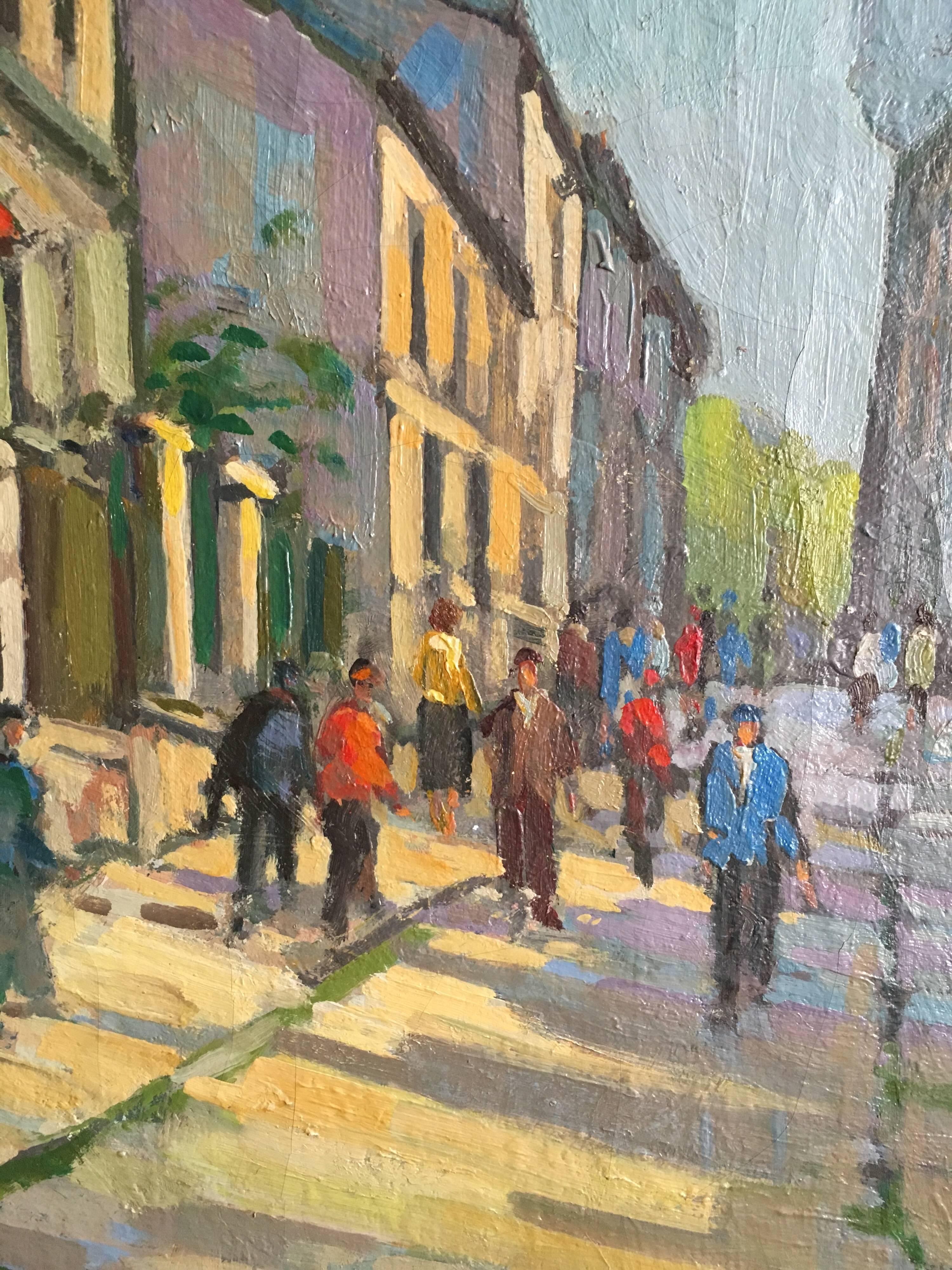 Montmartre Paris, Busy Street, Large Impressionist Oil 1
