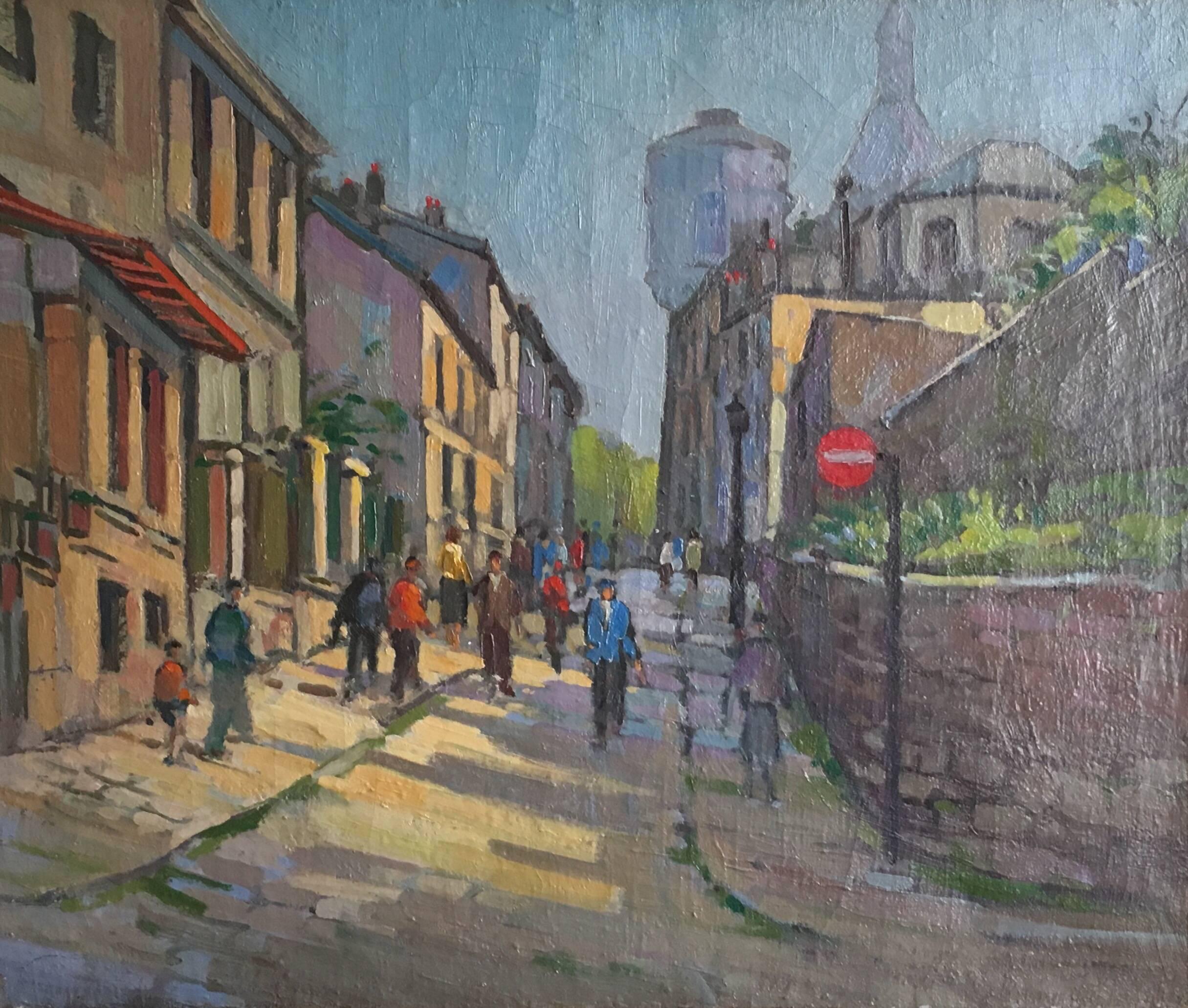 Unknown Landscape Painting - Montmartre Paris, Busy Street, Large Impressionist Oil