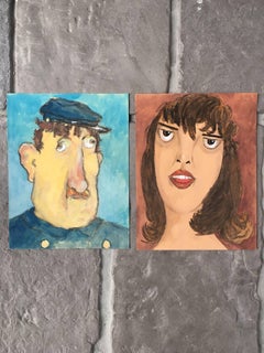 Pair of French Character Portraits, Blue and Brown Backgrounds