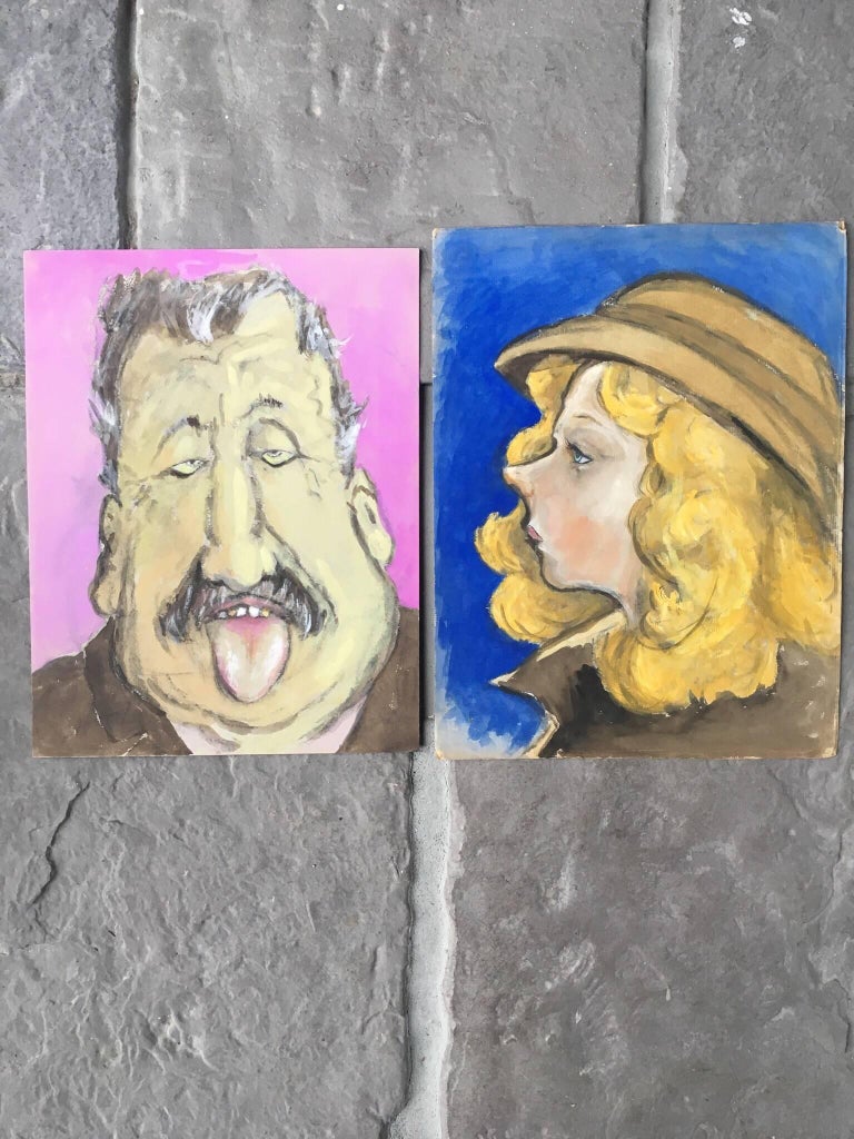 Unknown - Pair of French Character Portraits, Pink and Blue Backgrounds For  Sale at 1stDibs