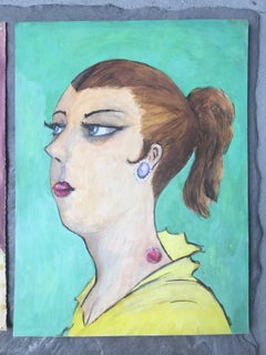 Pair of French Character Portraits, Purple and Green Backgrounds