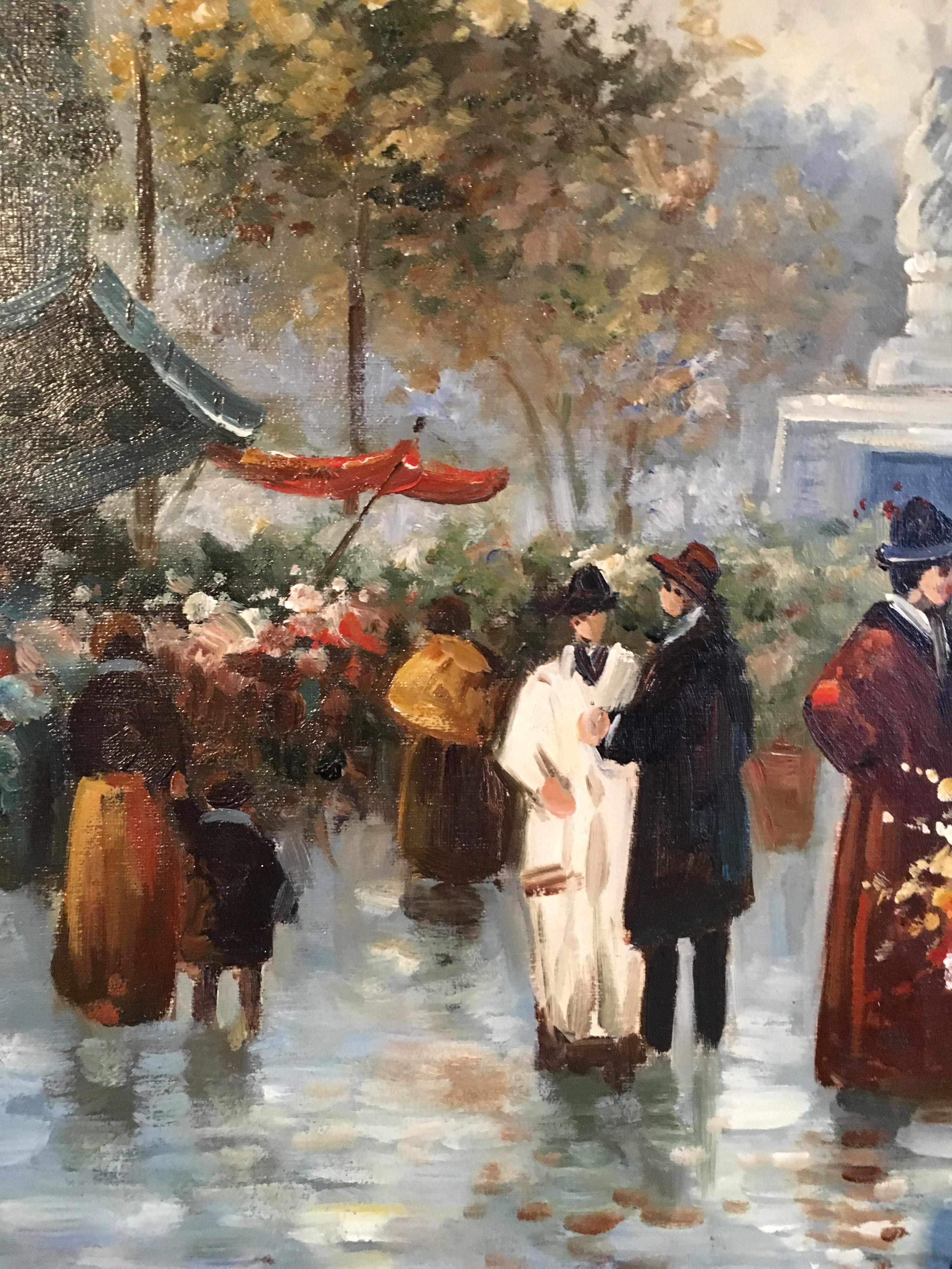 Paris Flower Market, Impressionist Cityscape, Oil Painting - Brown Figurative Painting by Unknown
