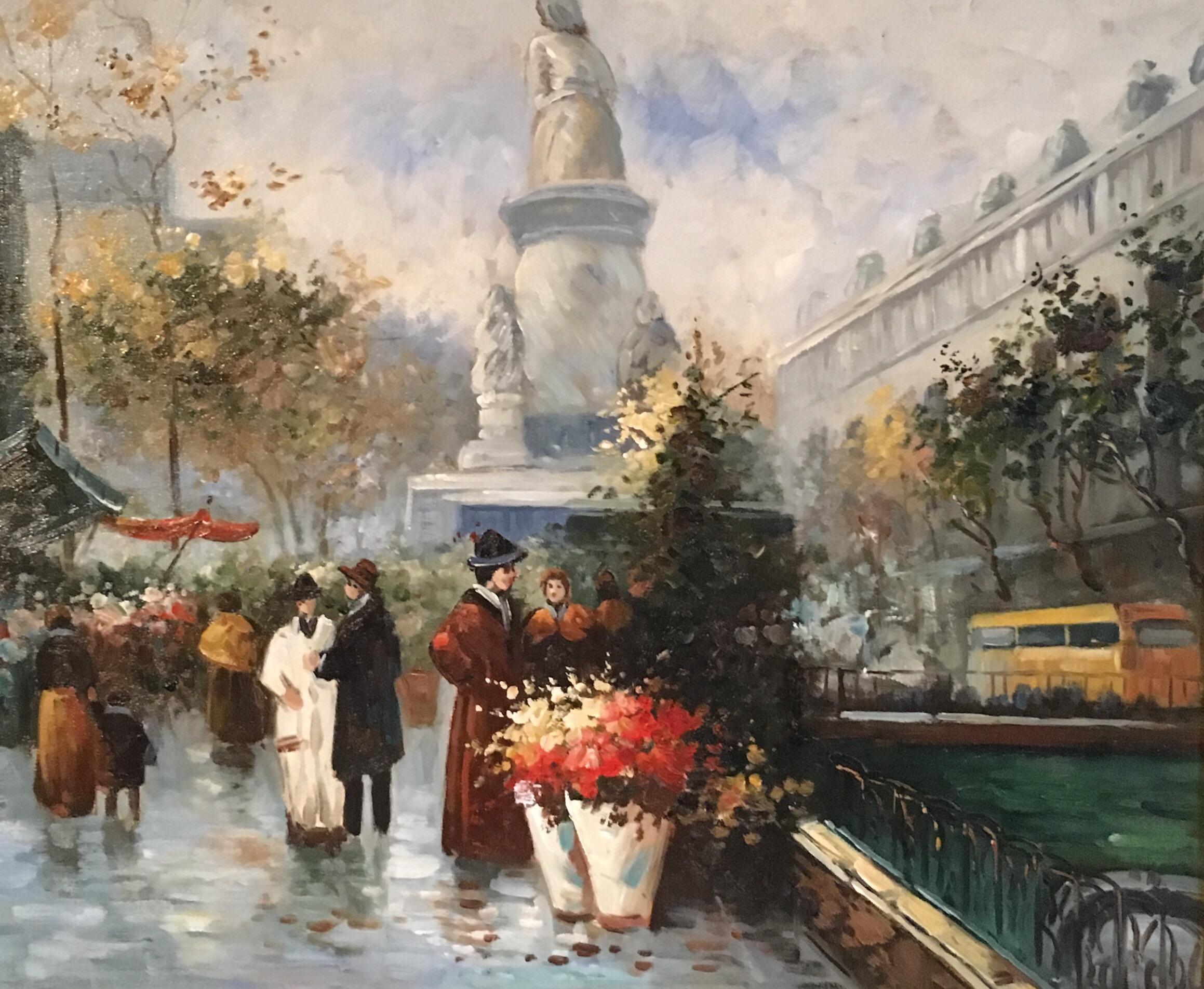 Unknown Figurative Painting - Paris Flower Market, Impressionist Cityscape, Oil Painting