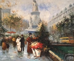 Paris Flower Market, Impressionist Cityscape, Oil Painting