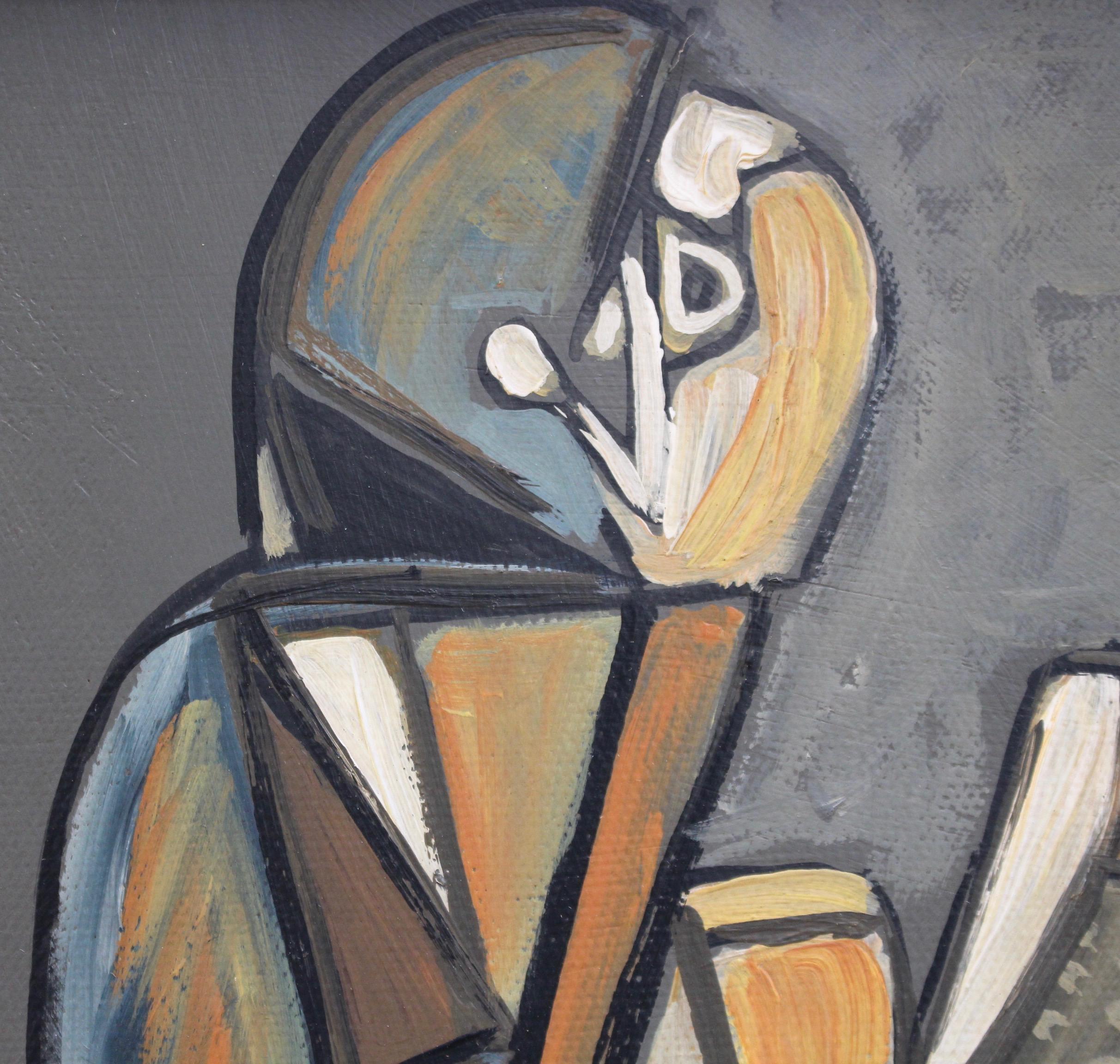 'Standing Abstract Figure', oil on board, from the French School (circa 1960s - 80s). A colourful, abstract figure inspired by artists from the Modern movements. This work depicts a colourful, standing figure gazing skyward as if searching for