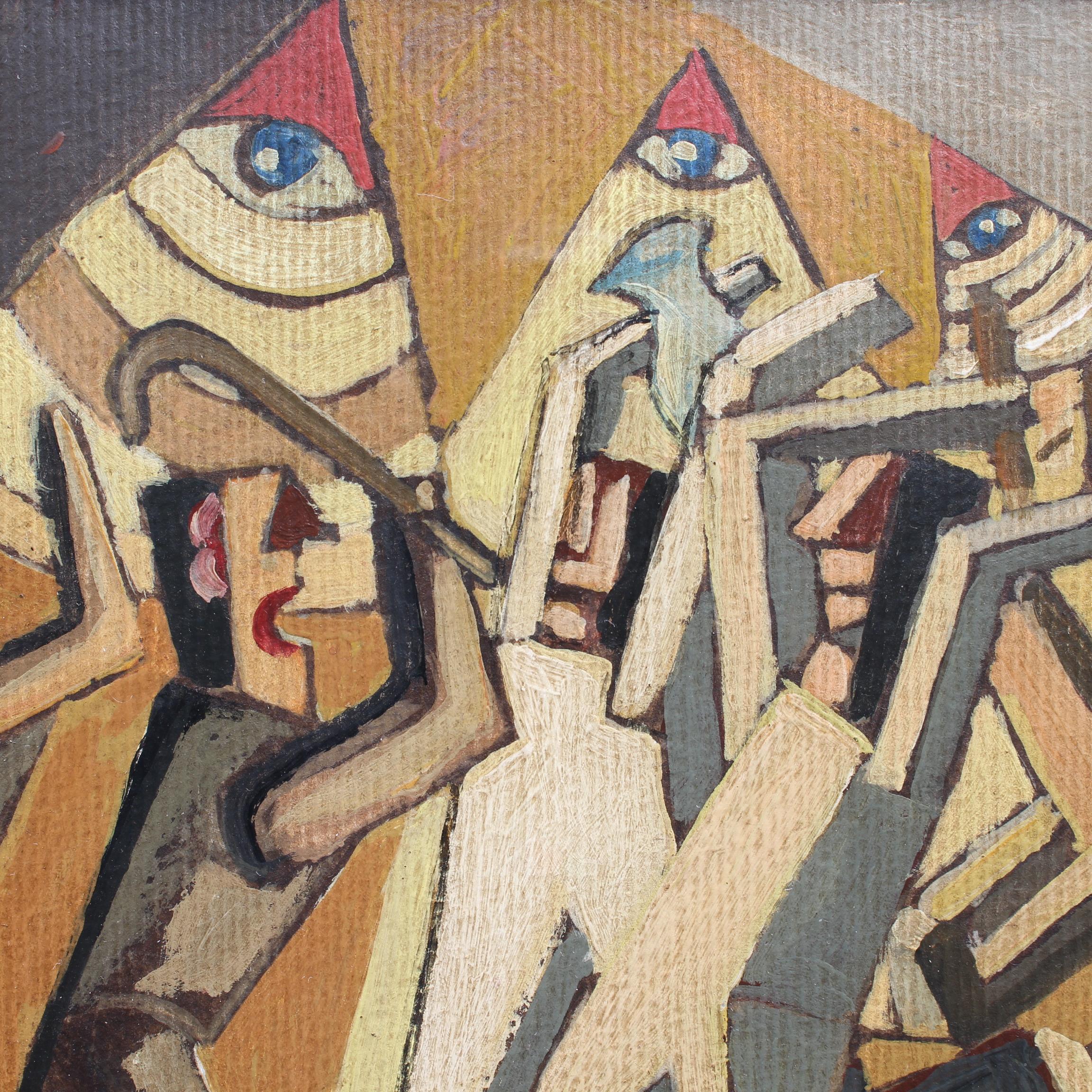 'The Eye', oil on paper, by F. DuParc (French School circa 1940s - 1960s). Once in a while this gallery comes upon a work of art that stands out even from a collection of stunning paintings. The artist pits darkly-dressed workers attacking the