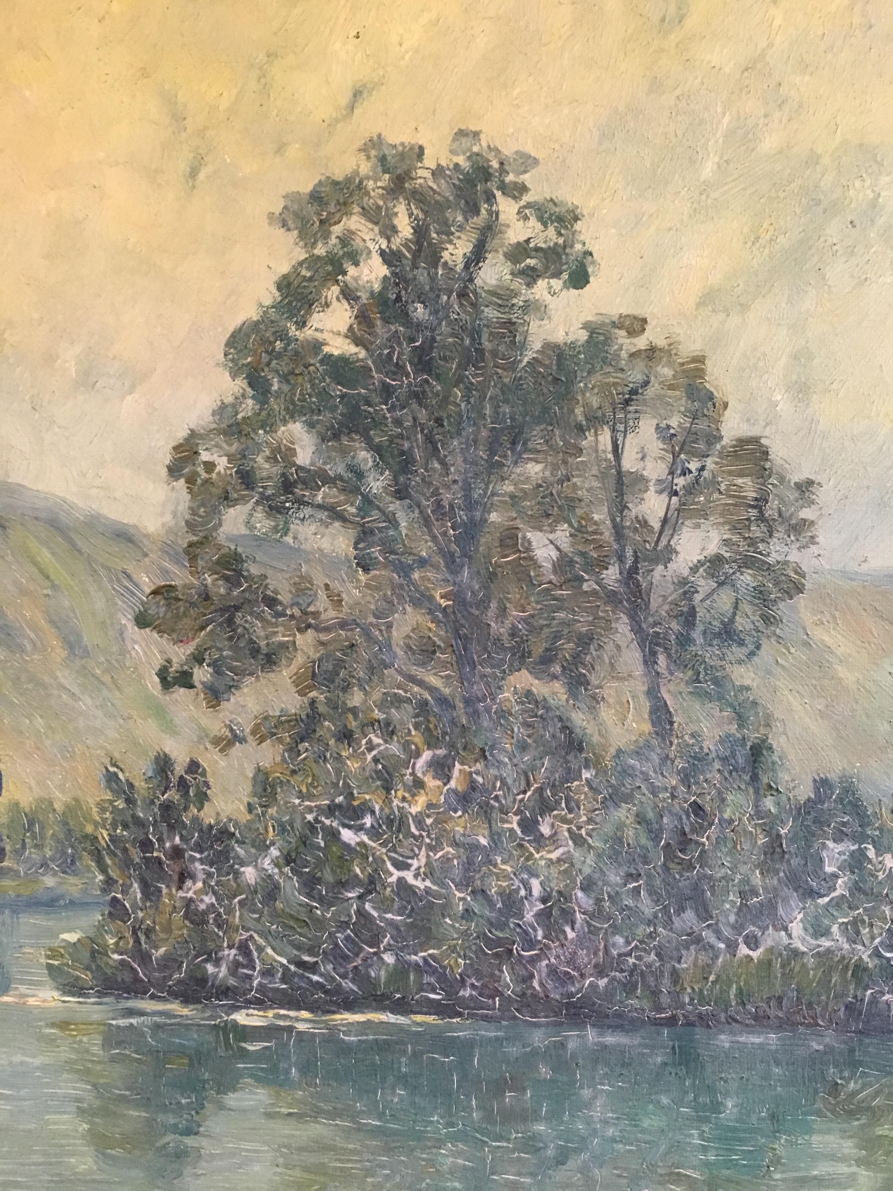 Vista del lago, Paisaje impresionista francés, Pintura al óleo, Firmado - Painting Impresionista de Unknown