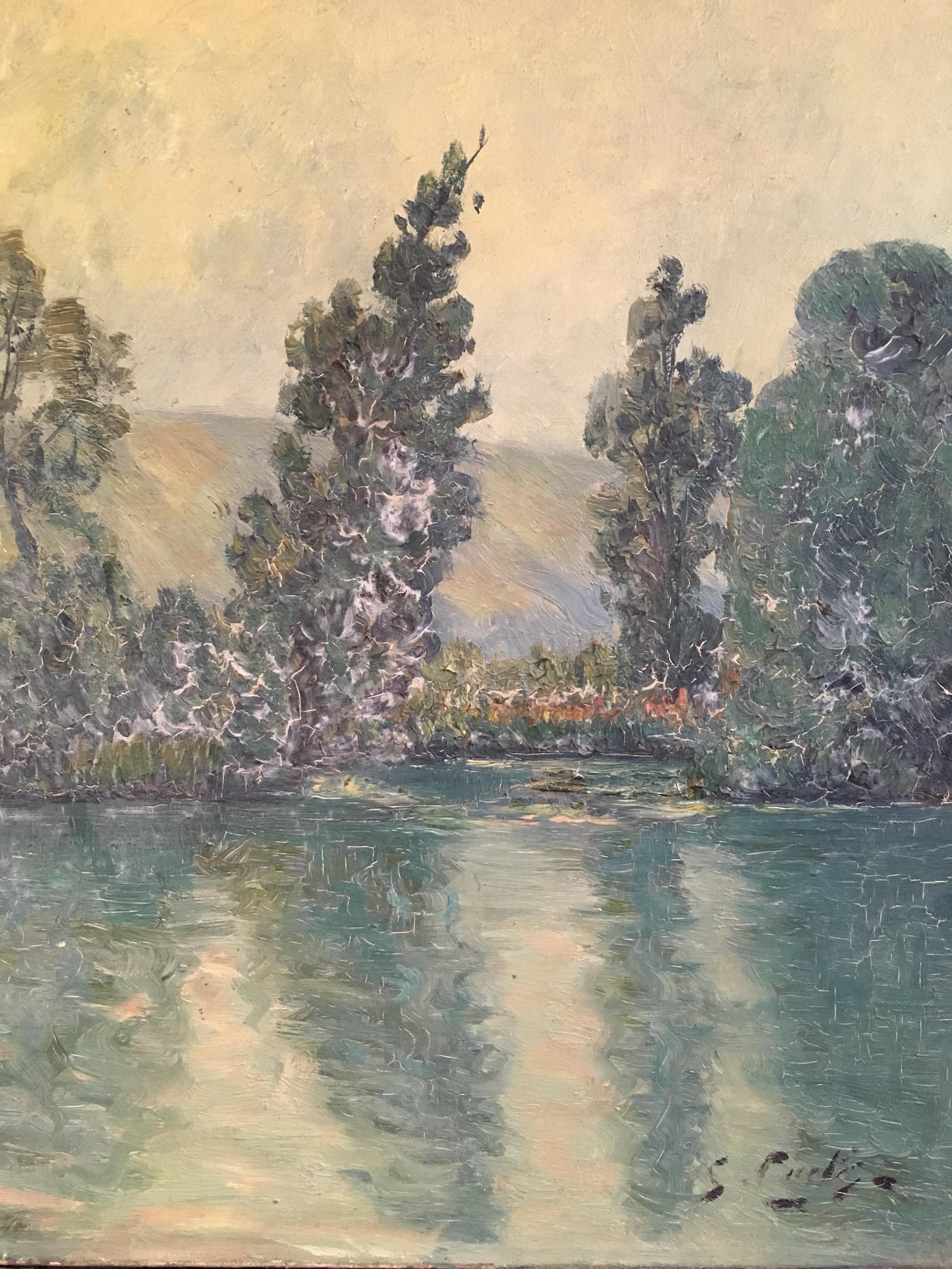 View of the Lake, French Impressionist Landscape, Oil Painting, Signed - Brown Landscape Painting by Unknown
