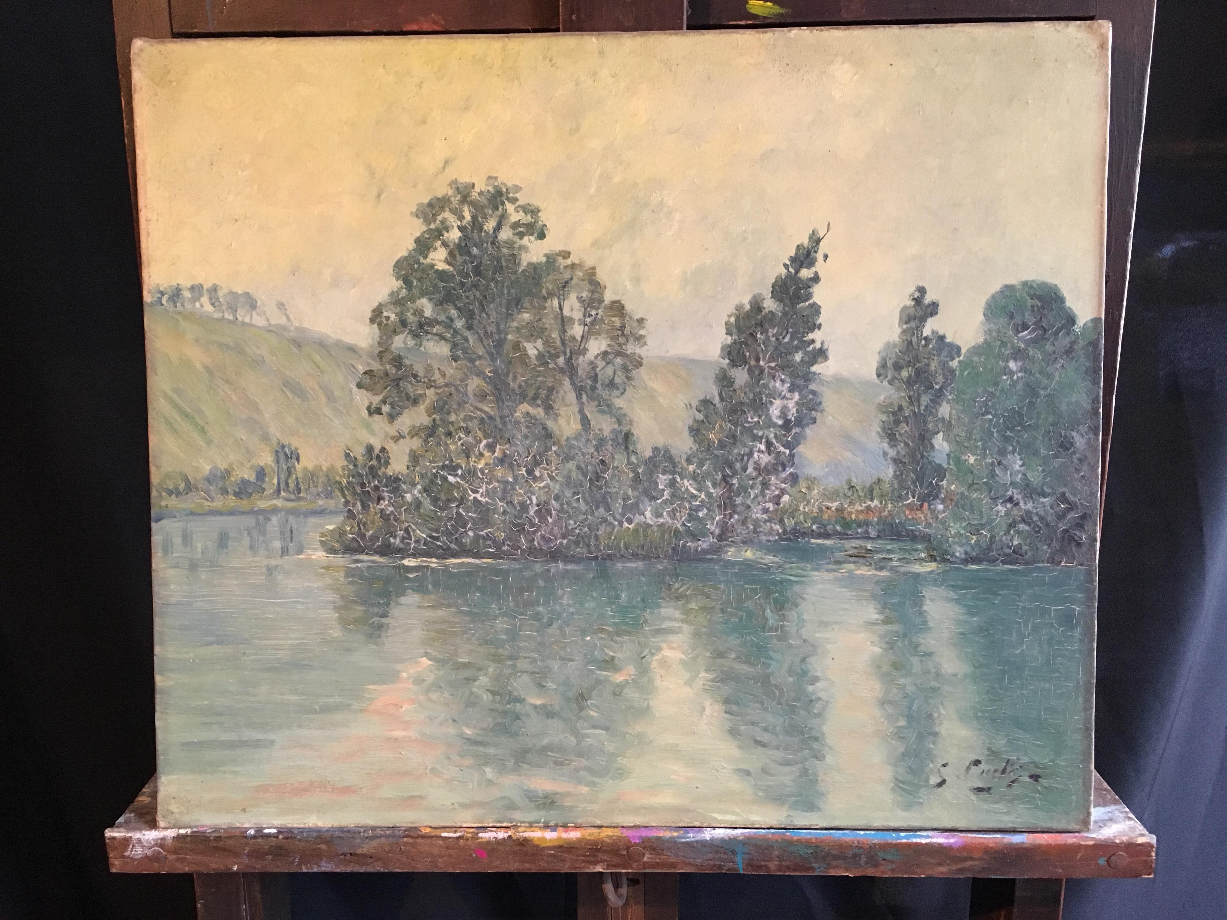 View of the Lake, French Impressionist Landscape, Oil Painting, Signed
French School, early 20th Century
Indistinctly signed on the lower right hand corner
Oil painting on canvas, unframed
Canvas size: 18 x 21.5 inches

Hauntingly beautiful