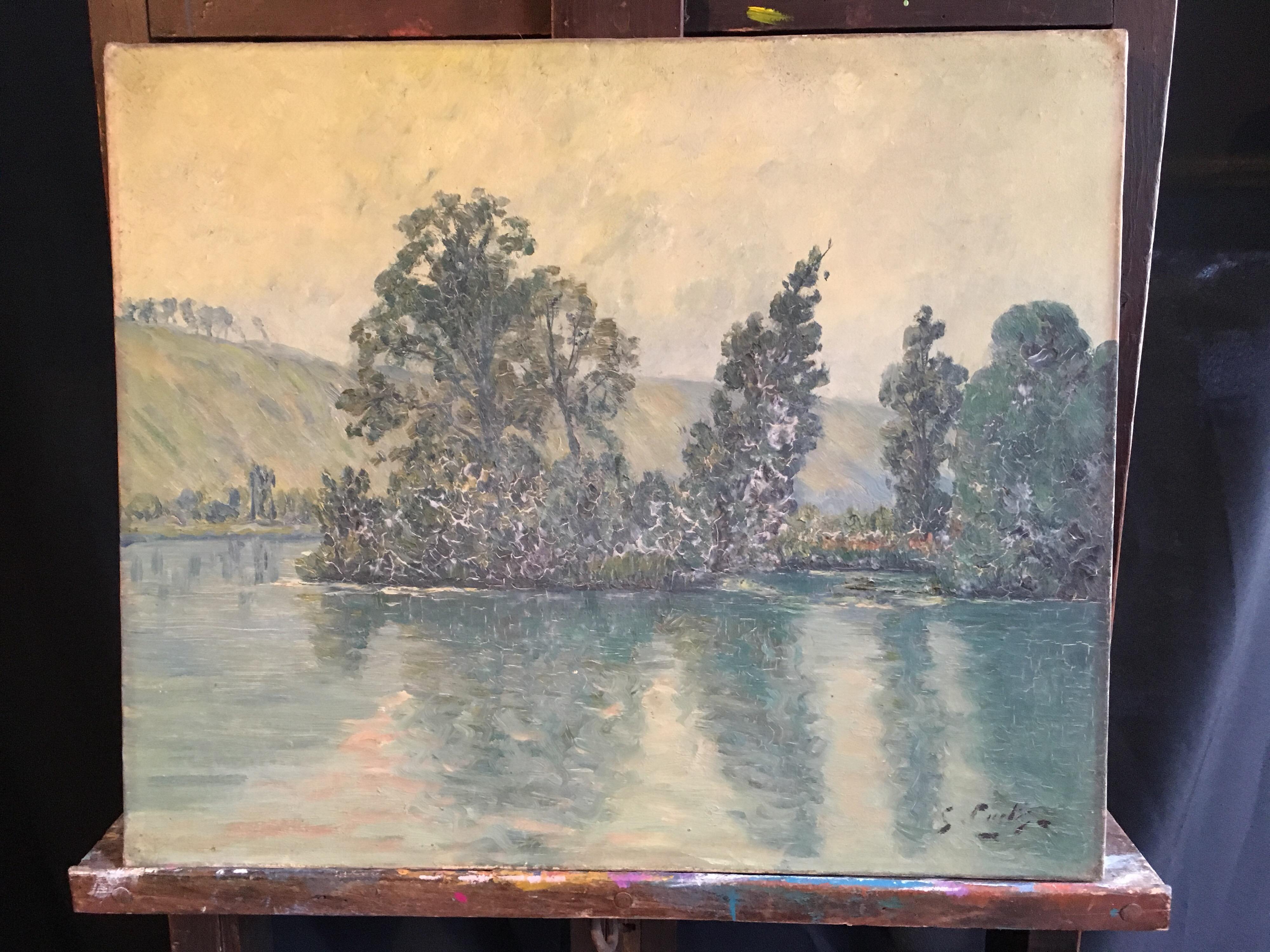 View of the Lake, French Impressionist Landscape, Oil Painting, Signed For Sale 1