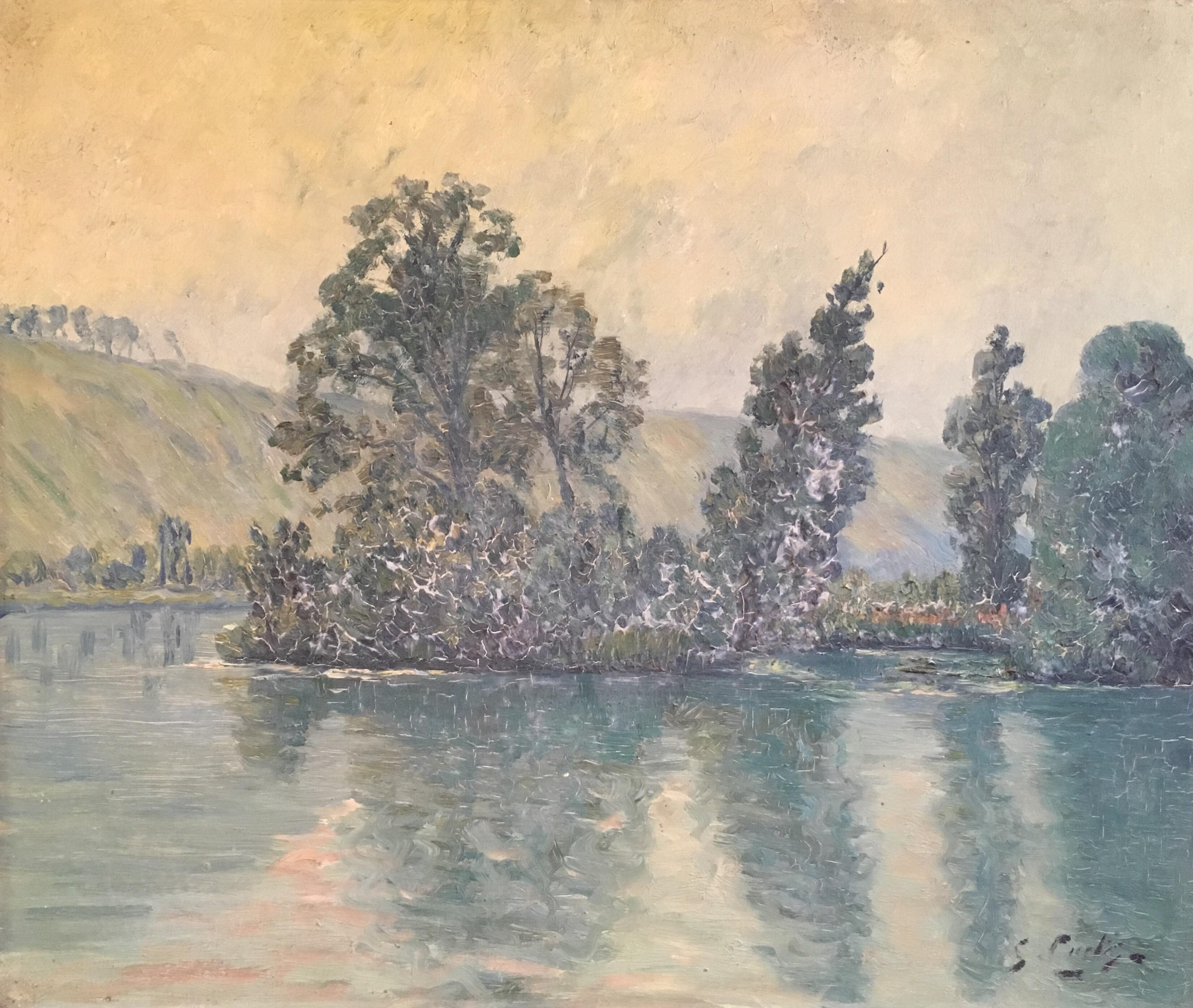 Landscape Painting de Unknown - Vista del lago, Paisaje impresionista francés, Pintura al óleo, Firmado