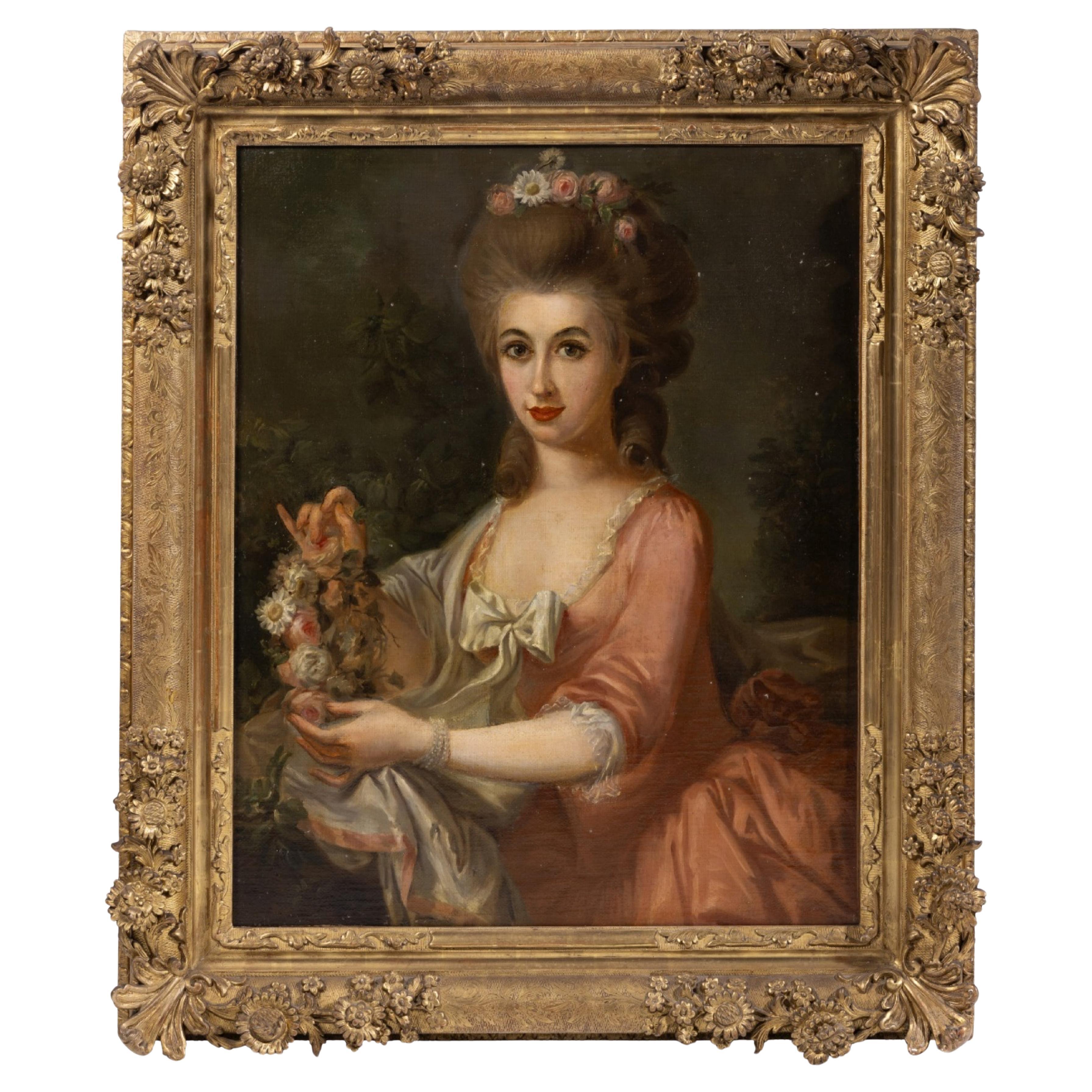 FRENCH SCHOOL  "Portrait of a Girl with Flowers". 18th Century