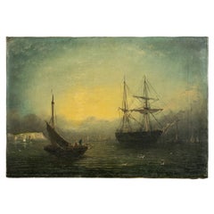 French School SAILING SHIPS BY THE COAST Oil on canvas. 19th Century.