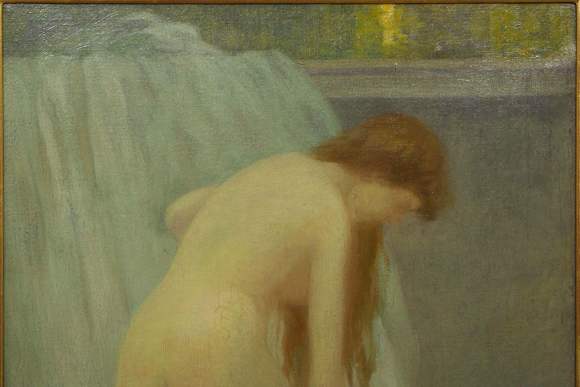 French School Tonal Painting of Bathing Woman, Early 20th Century In Good Condition In Shippensburg, PA
