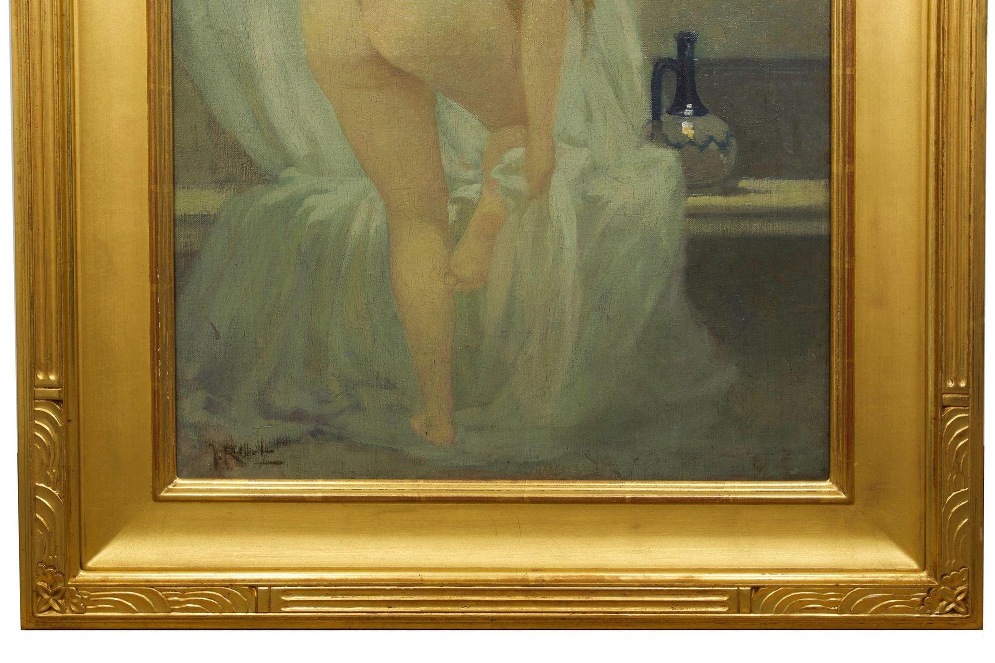 French School Tonal Painting of Bathing Woman, Early 20th Century 2