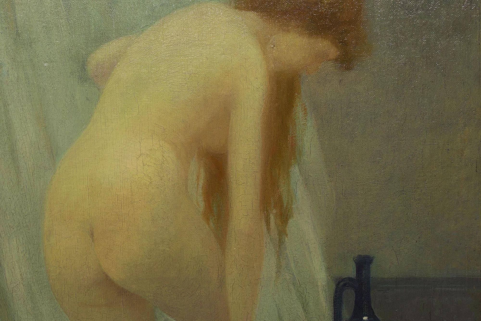 French School Tonal Painting of Bathing Woman, Early 20th Century 3