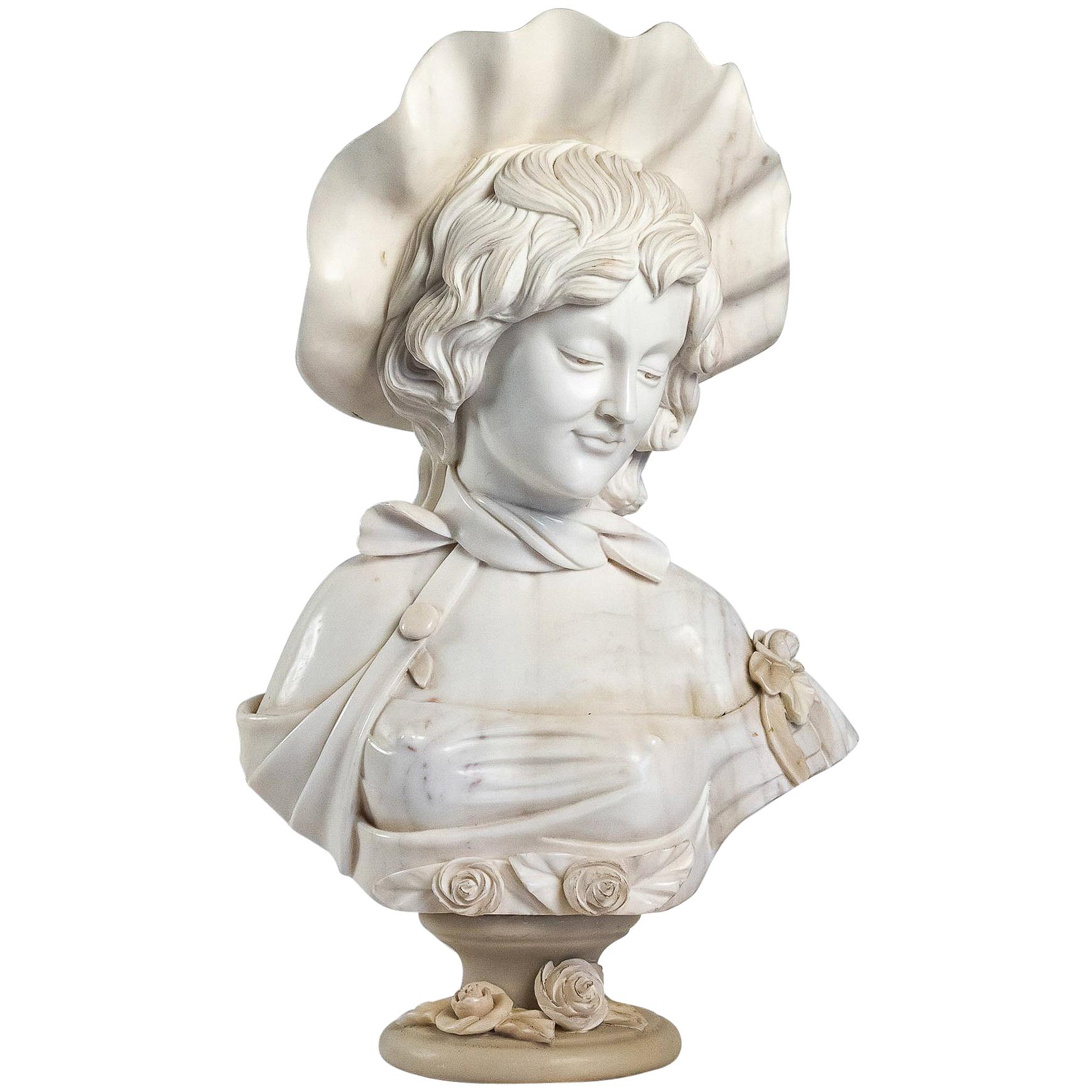 French School White Carrara Marble Bust a French Elegant Woman, circa 1900 For Sale