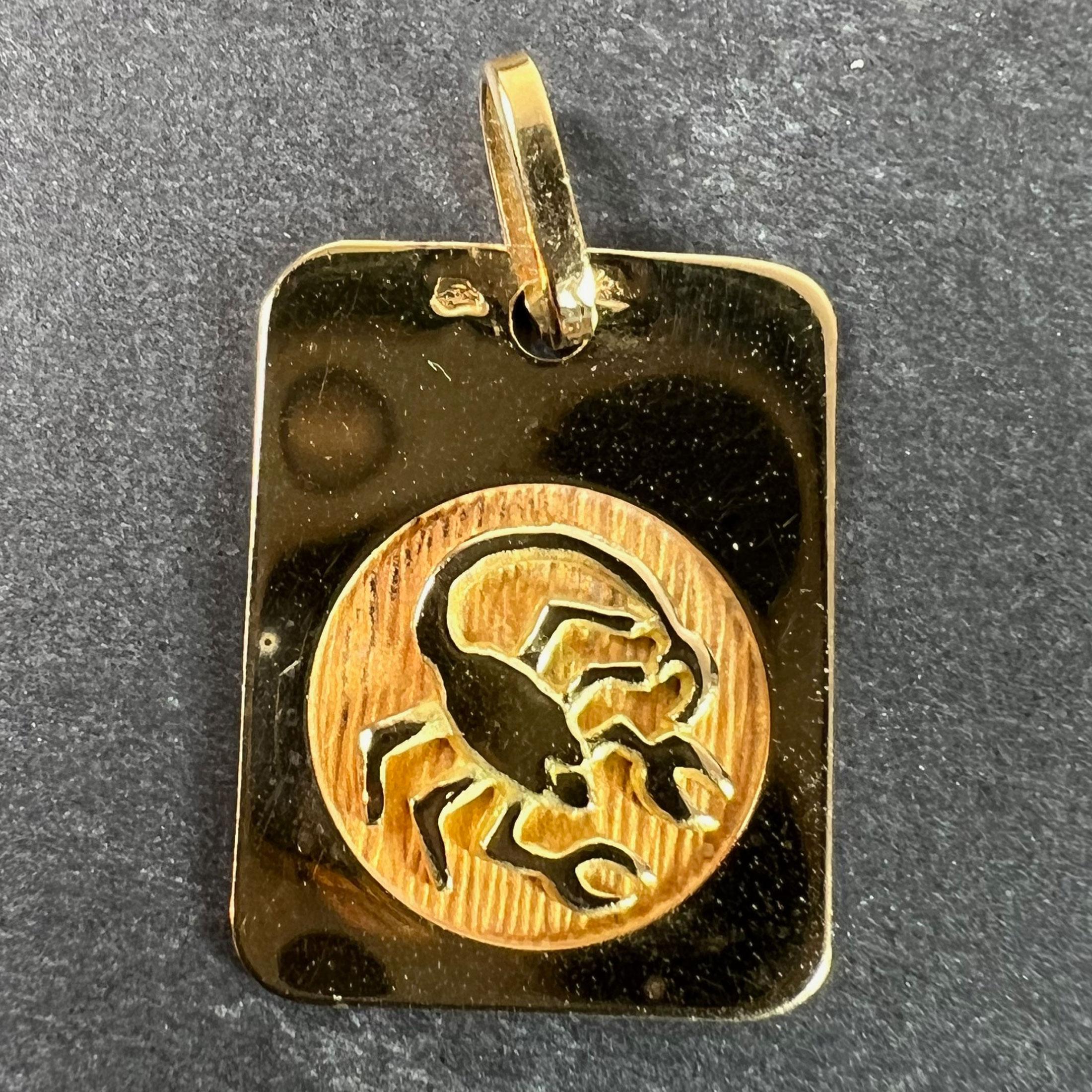 Pendentif de charme français en or jaune 18 carats (18K) conçu comme une médaille rectangulaire avec un renfoncement circulaire gravé représentant un scorpion représentant le signe astrologique du zodiaque du Scorpion. Estampillé de la tête d'aigle