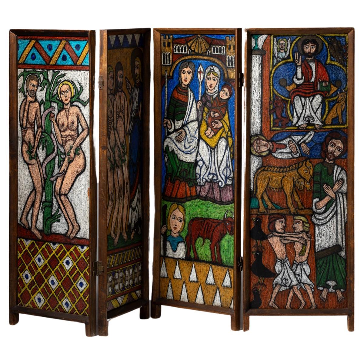 French 4-leaf Biblical screen with stained glass painting & red leather lined back, 1930s.