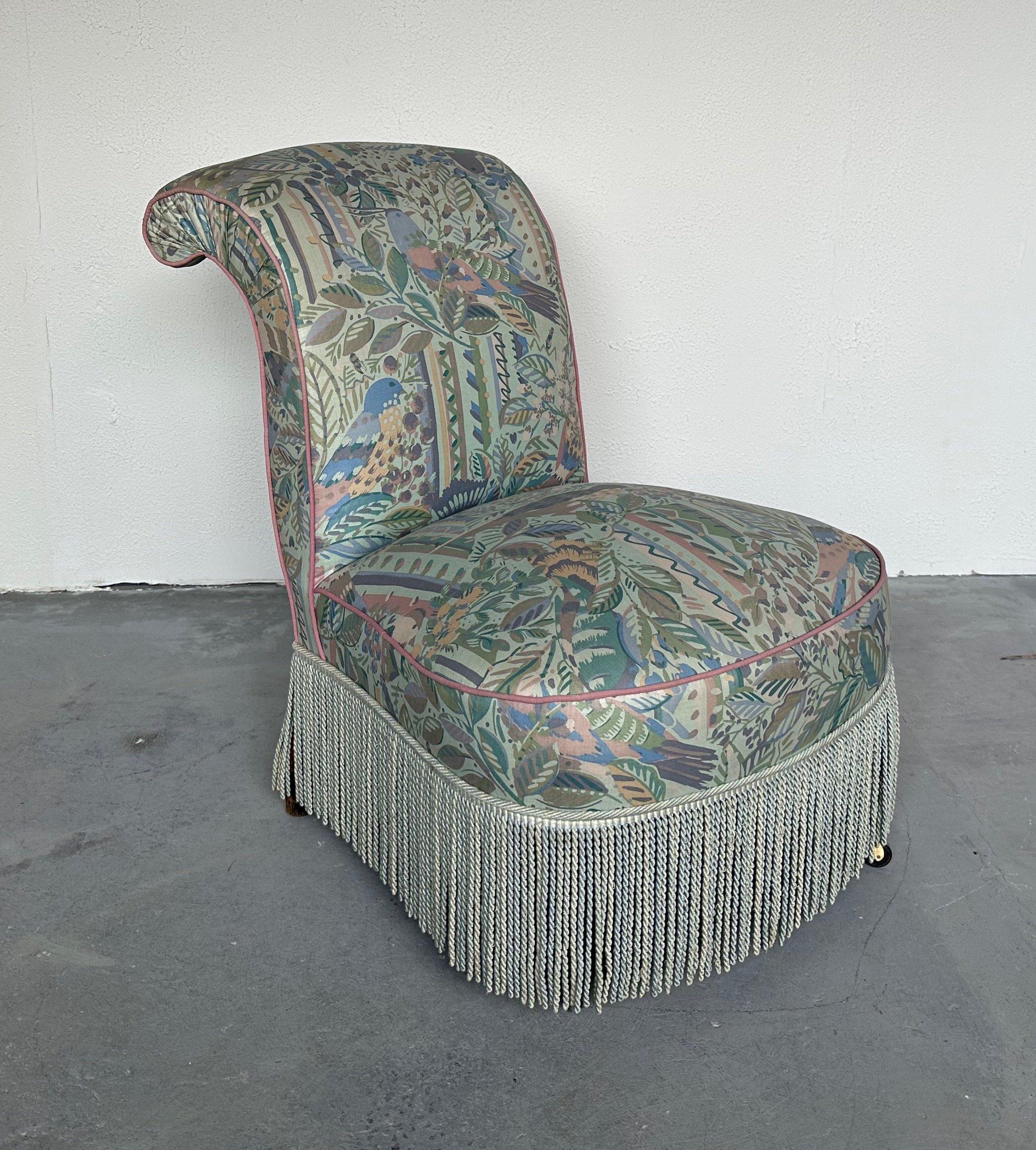 Upholstery French Scrolled Back Napoleon III Slipper Chair with Fringe For Sale