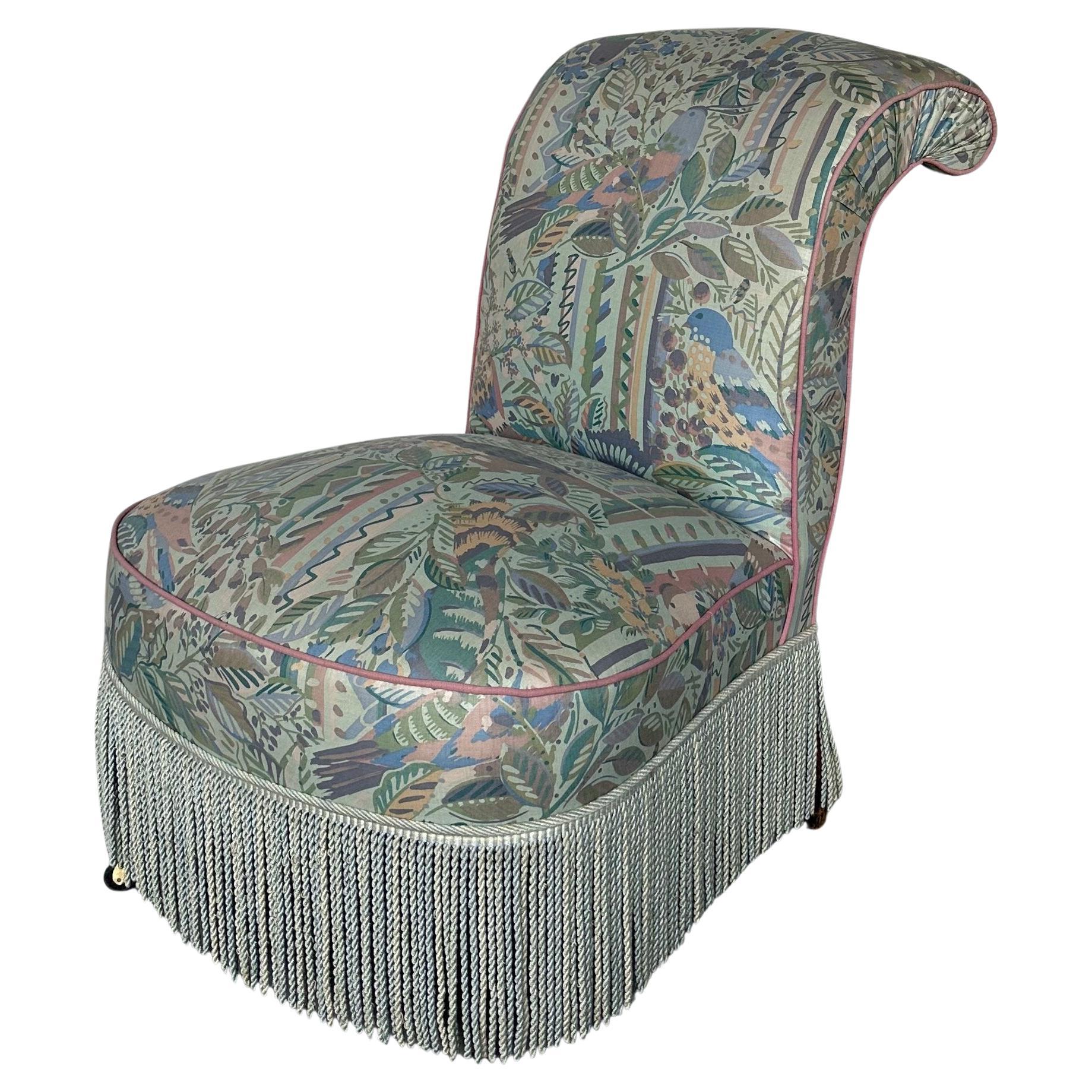 French Scrolled Back Napoleon III Slipper Chair with Fringe For Sale