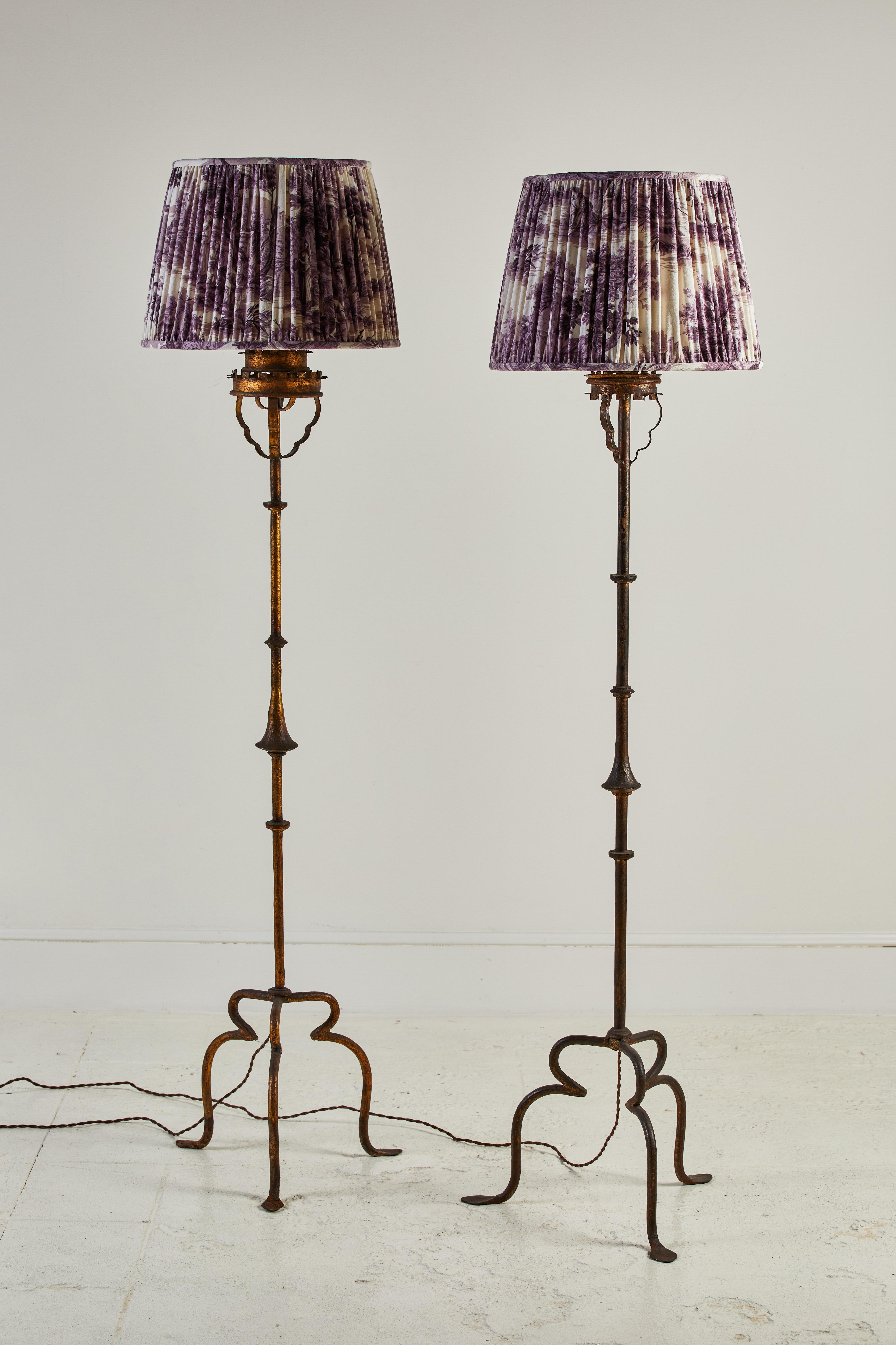 French Scrolled Brass Floor Lamp with Toile Lampshade 1