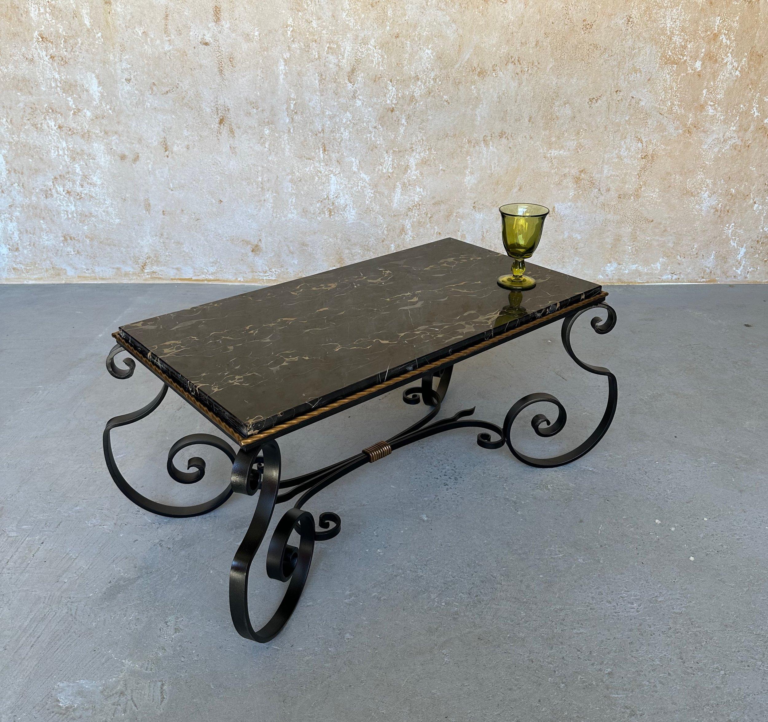 French Scrolled Iron Coffee Table With Marble Top For Sale 12