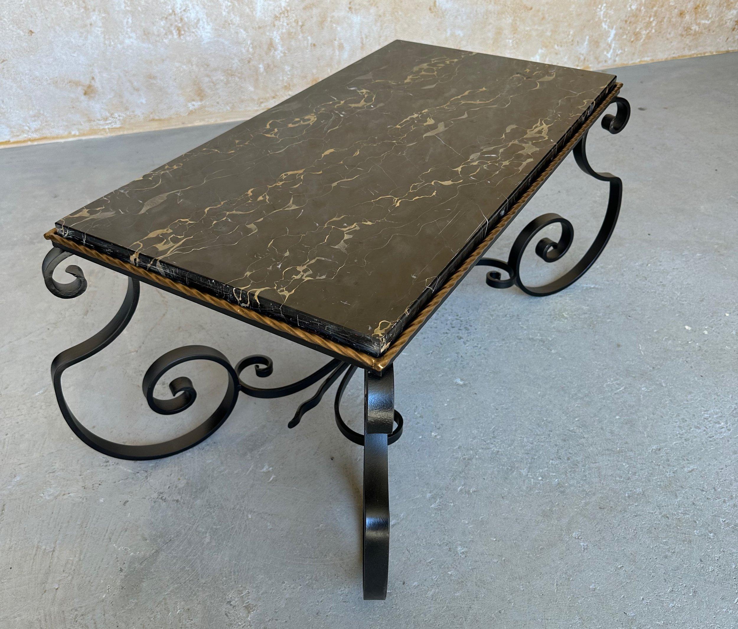 Mid-20th Century French Scrolled Iron Coffee Table With Marble Top For Sale